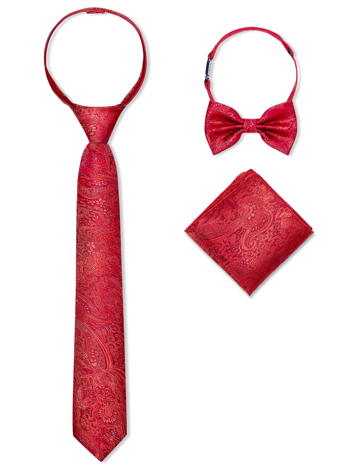 Boys Pre-tied Zipper Tie Elastic Strap Bowtie and Pocket Square 3-piece For Age 1-16 Years With Gift Box