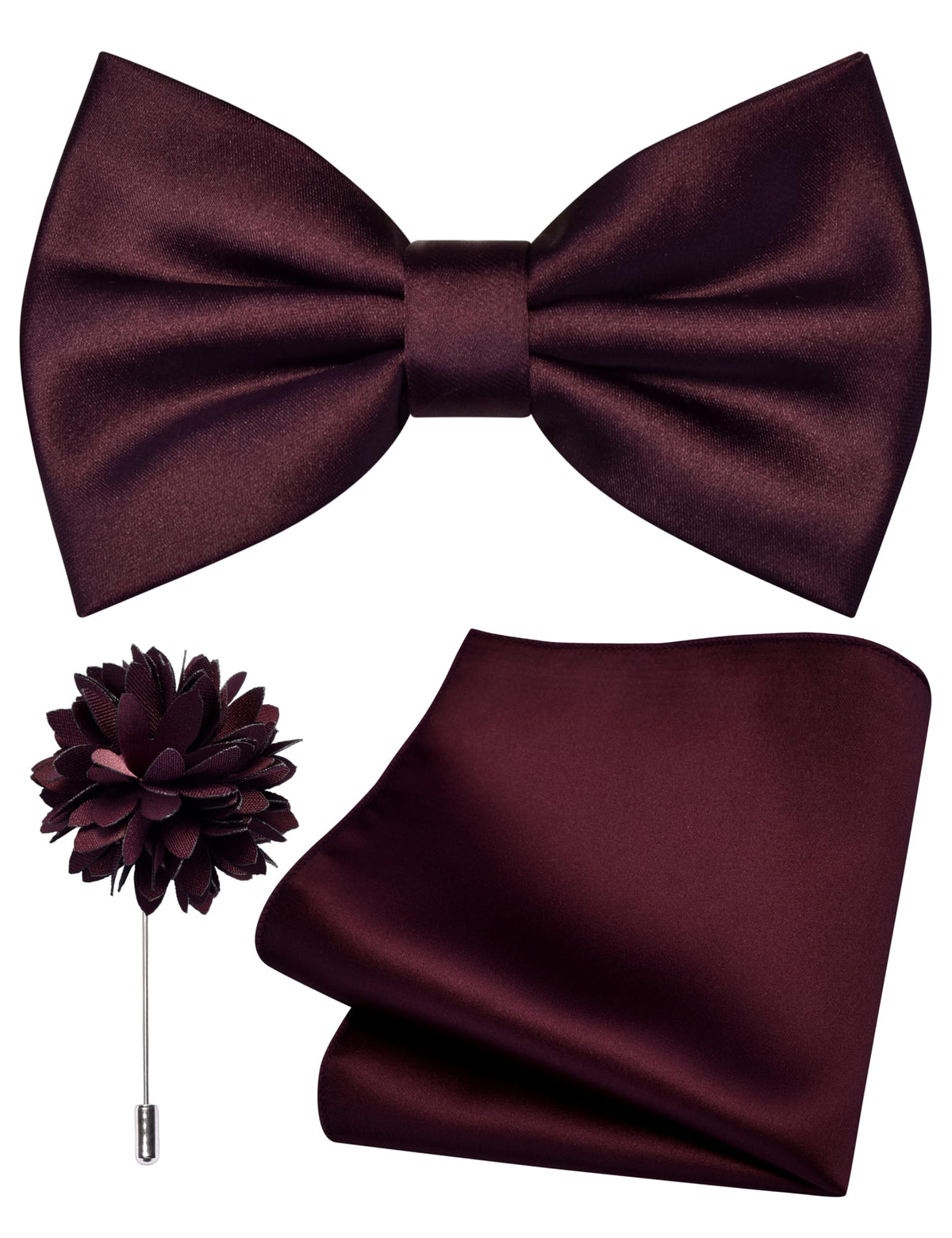 Branduce Solid Color Pre-tied Bow Tie and Pocket Square Lapel Pin Set for Men