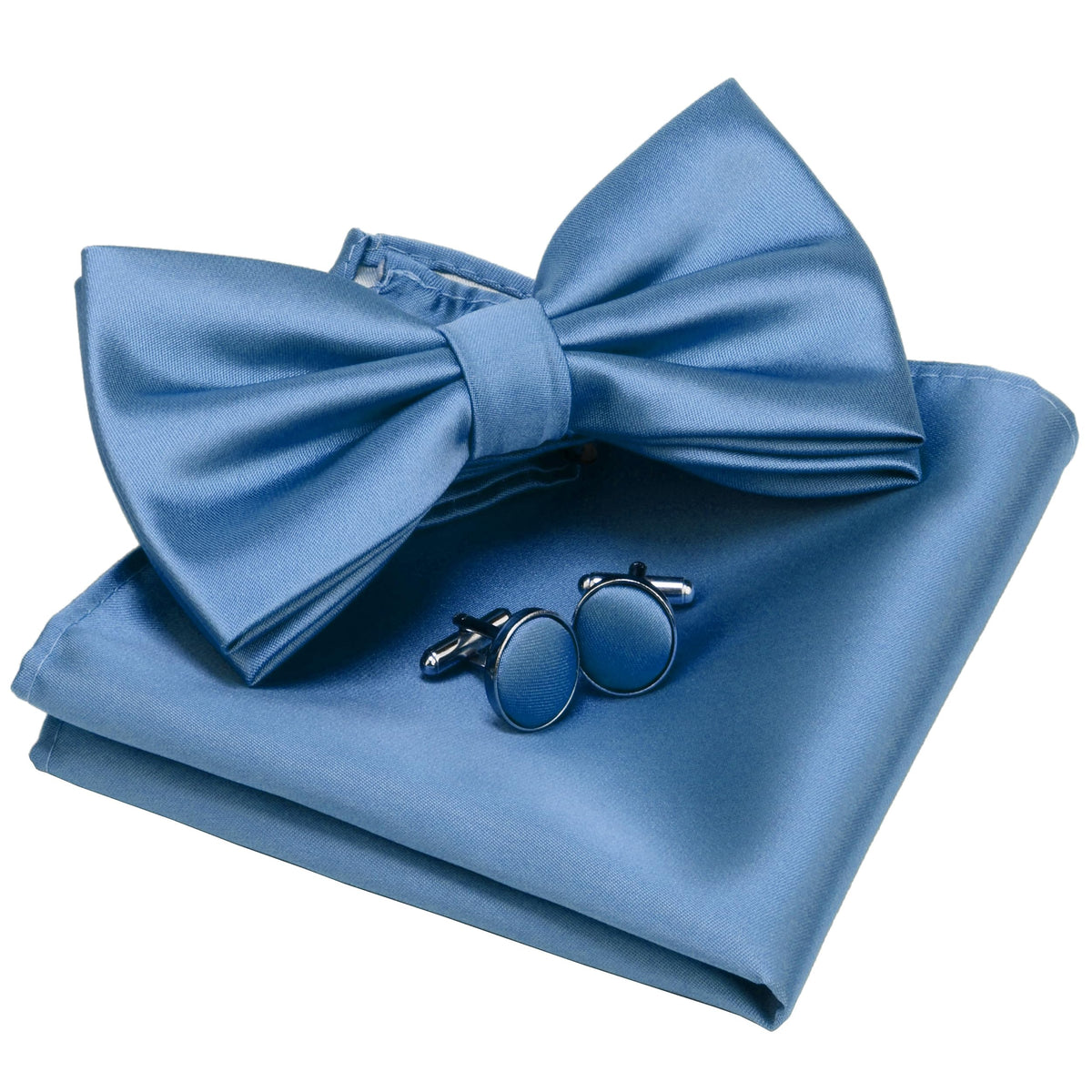 GUSLESON Mens Solid Color Double Fold Pre-tied Bow Tie and Pocket Square Cufflink Set with Gift Box