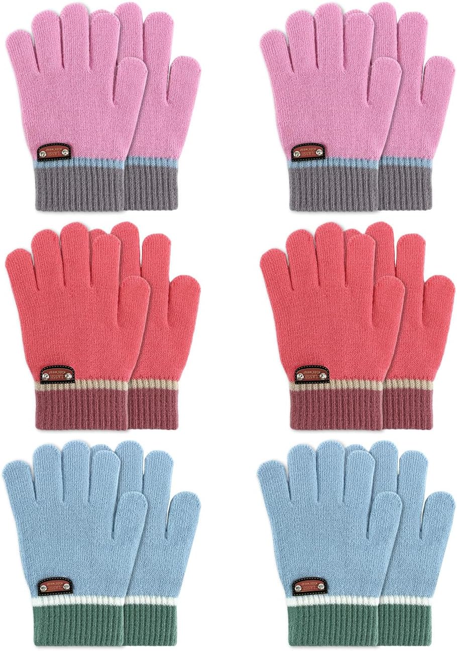 6 Pairs of Kids Gloves Knitted Wool Gloves Children Full Fingers Stretchy Warm Mittens for Boys Girls