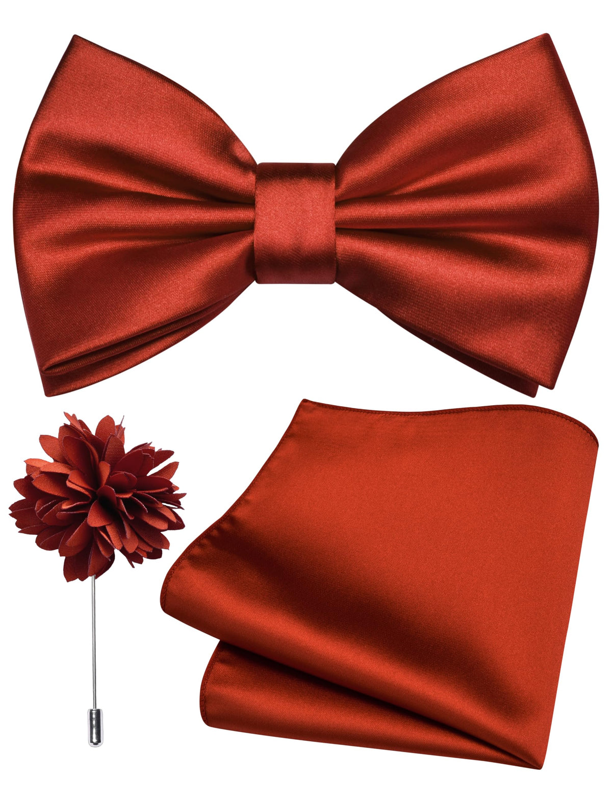 Branduce Solid Color Pre-tied Bow Tie and Pocket Square Lapel Pin Set for Men