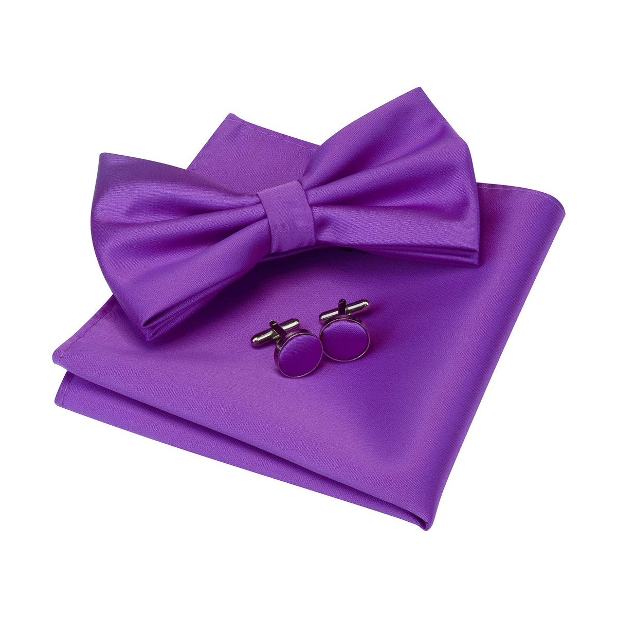 GUSLESON Mens Solid Color Double Fold Pre-tied Bow Tie and Pocket Square Cufflink Set with Gift Box