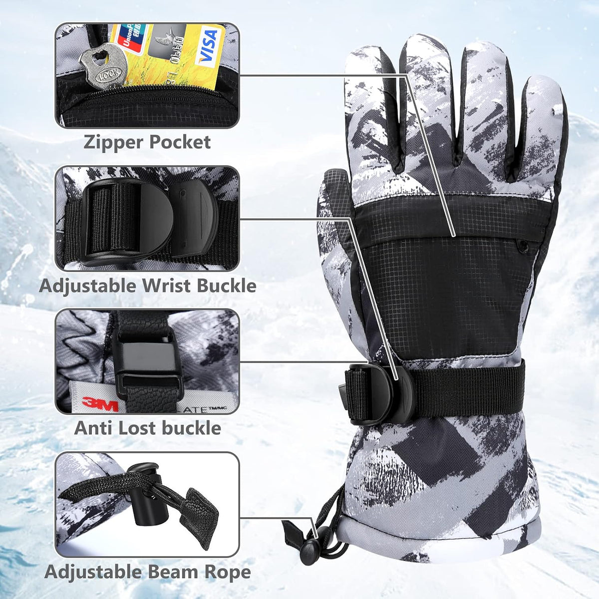 Ski Gloves,Snow Gloves Waterproof Winter Warm Cold Weather Touchscreen Gloves for Parent& Child Kids Skiing,Snowboarding
