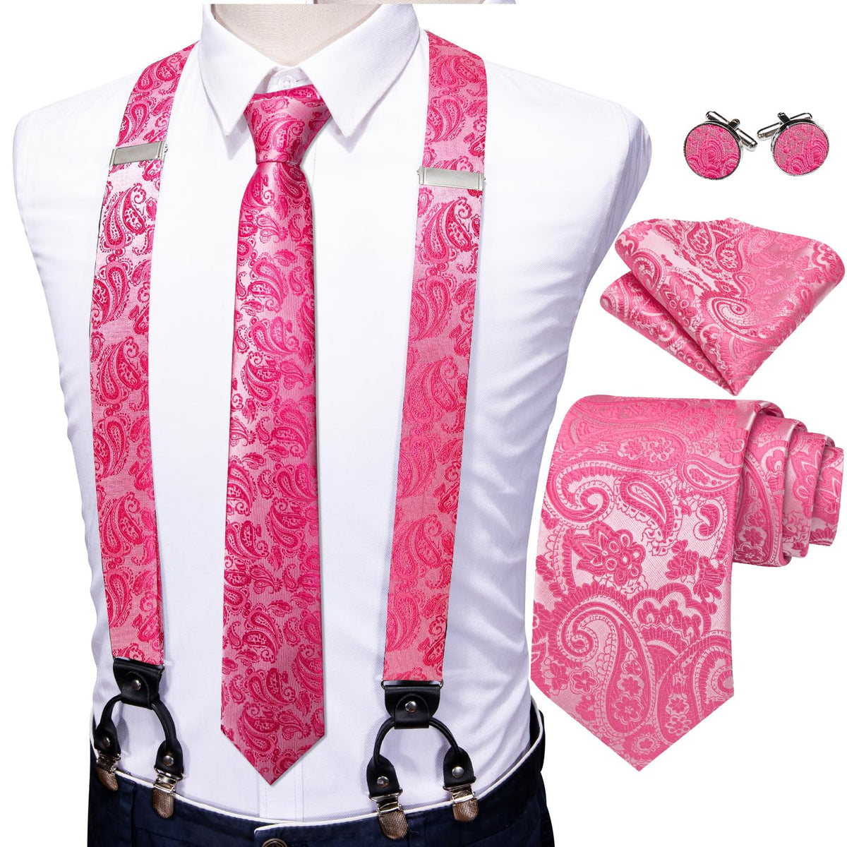 Barry.Wang Men Suspender Tie Sets Elastic Heavy 6 Clips Hanky Cufflink 5PCS