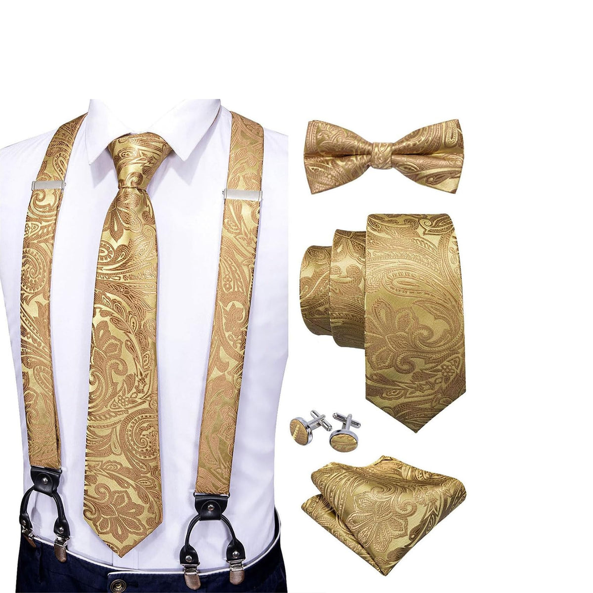 YOHOWA Suspenders for Men Tie Bowtie Set Adjustable Brace Handkerchief Cufflinks Strong Clip Elastic Band Wedding Party