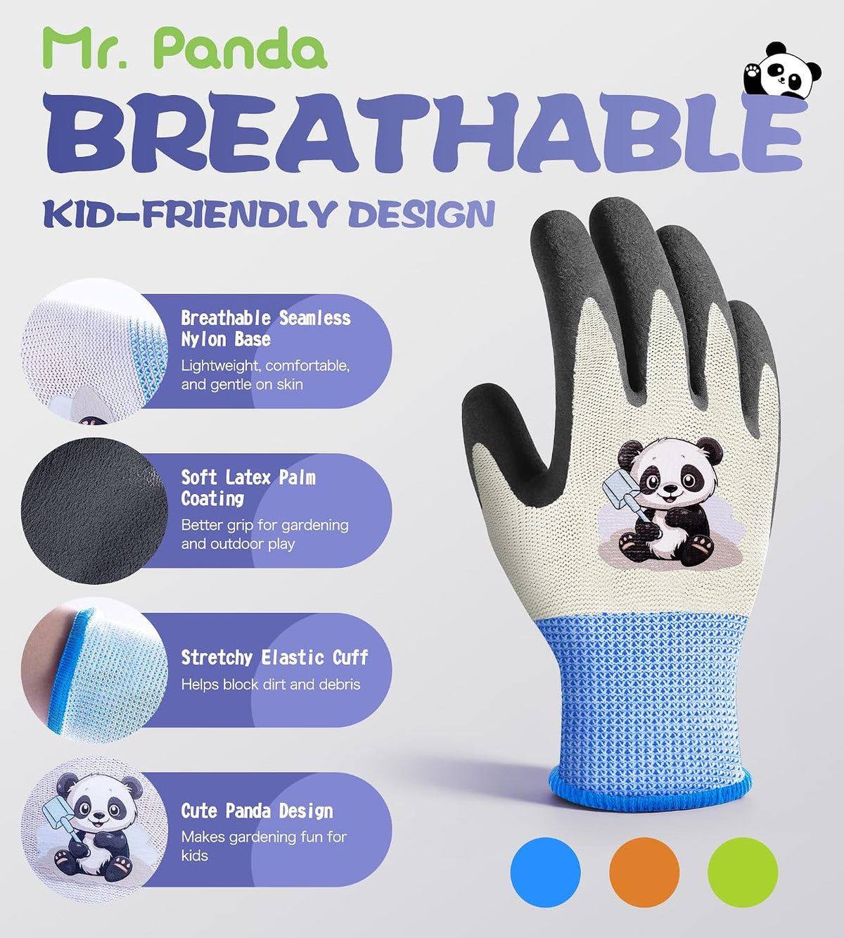 Mr. Panda 3 Pairs Skin-Friendly Kids Gardening Gloves for Age 2-4, Rubber Coated Children's Garden Gloves, Toddler Work Gloves, XXXS