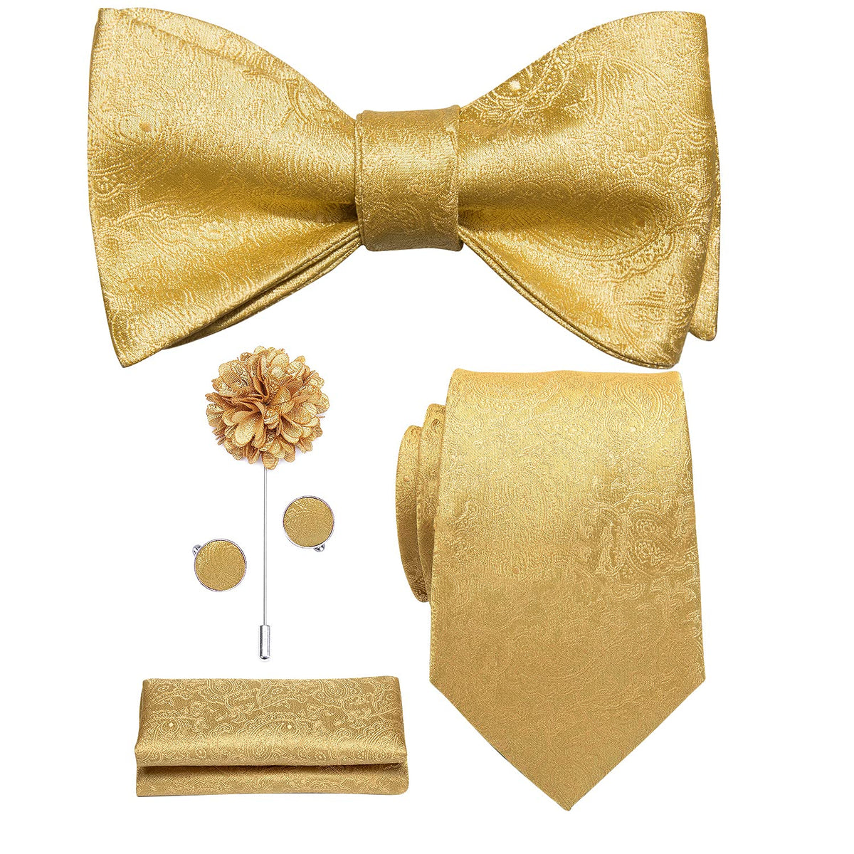 5Pcs Mens Solid Tie Satin Bowtie Lapel Pin Handkerchief Cufflink