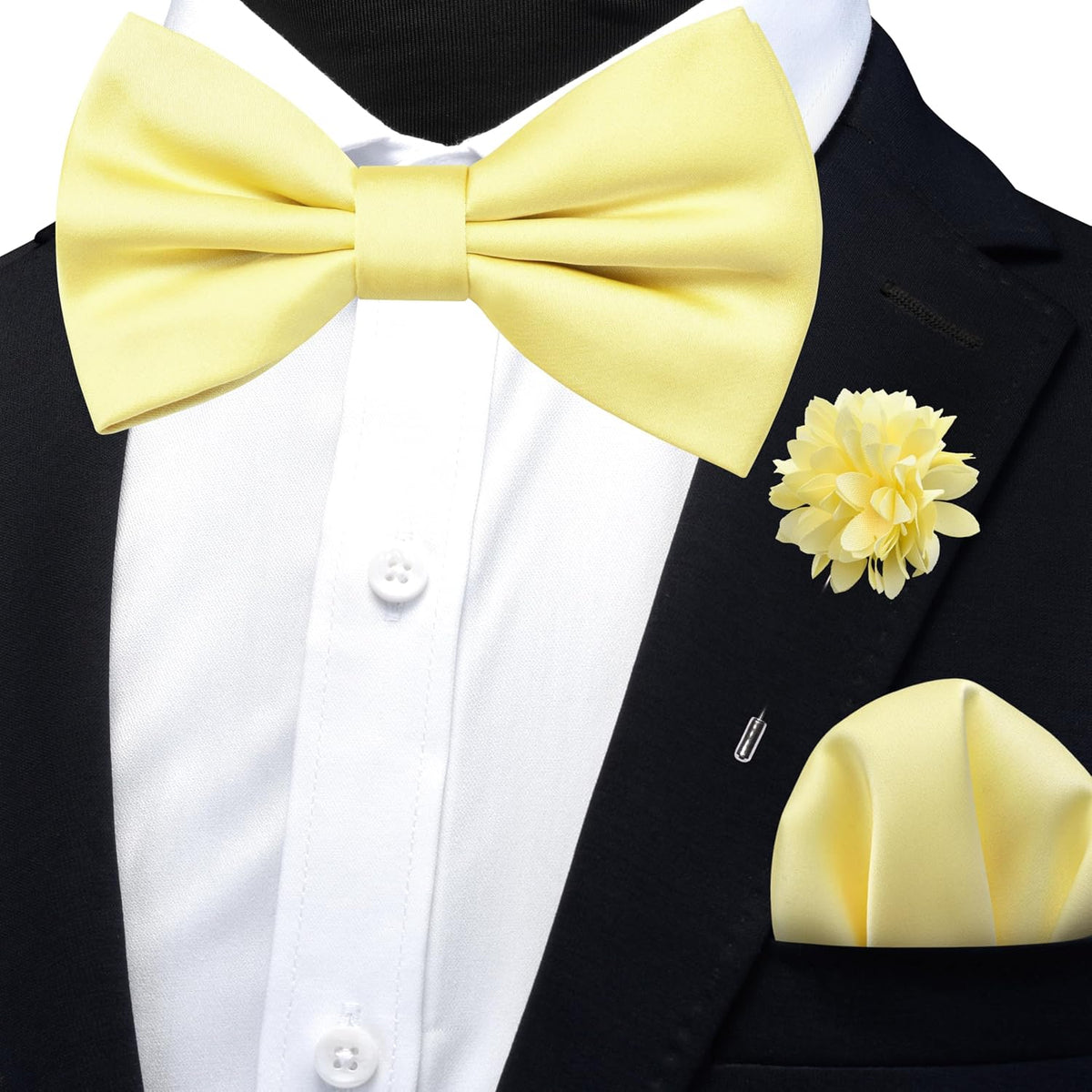 Branduce Solid Color Pre-tied Bow Tie and Pocket Square Lapel Pin Set for Men