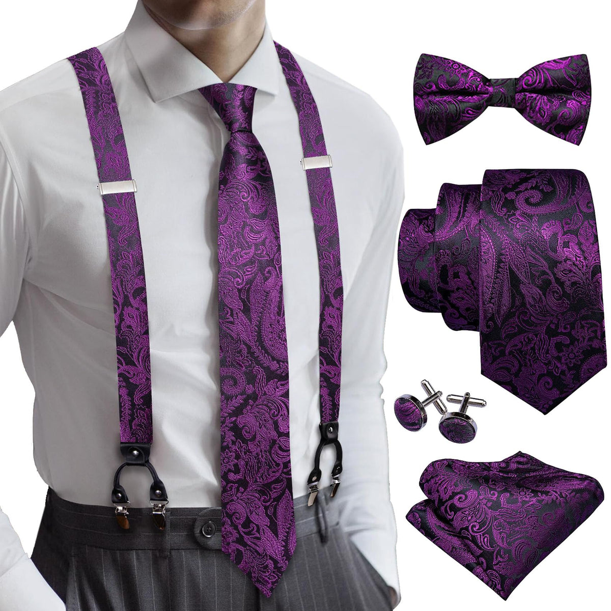 YOHOWA Suspenders for Men Tie Bowtie Set Adjustable Brace Handkerchief Cufflinks Strong Clip Elastic Band Wedding Party