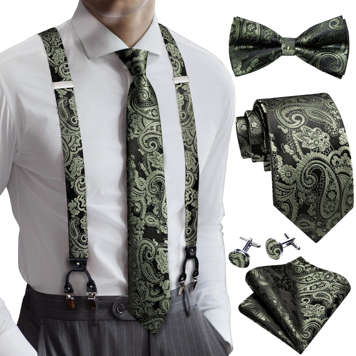 YOHOWA Suspenders for Men Tie Bowtie Set Adjustable Brace Handkerchief Cufflinks Strong Clip Elastic Band Wedding Party