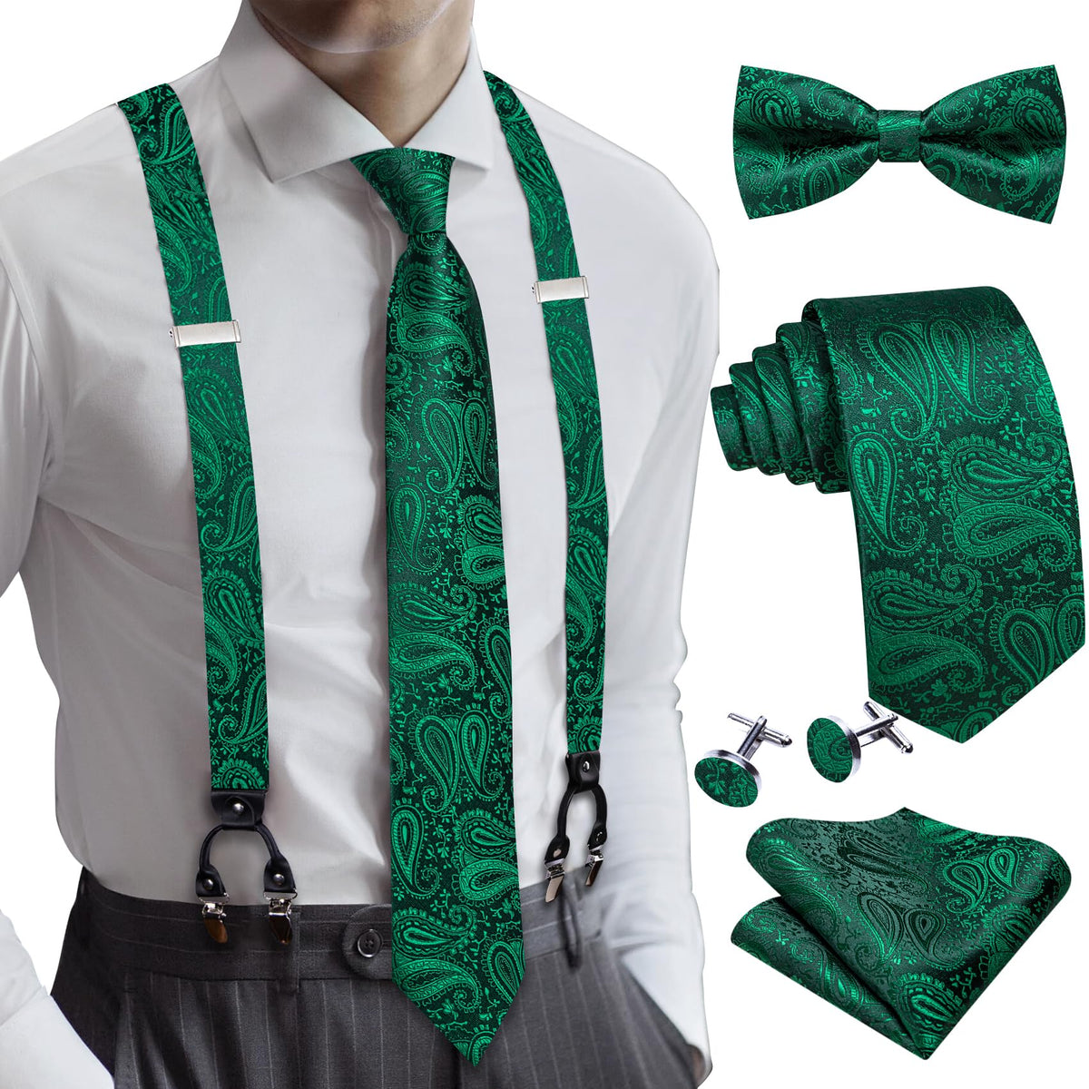 YOHOWA Suspenders for Men Tie Bowtie Set Adjustable Brace Handkerchief Cufflinks Strong Clip Elastic Band Wedding Party