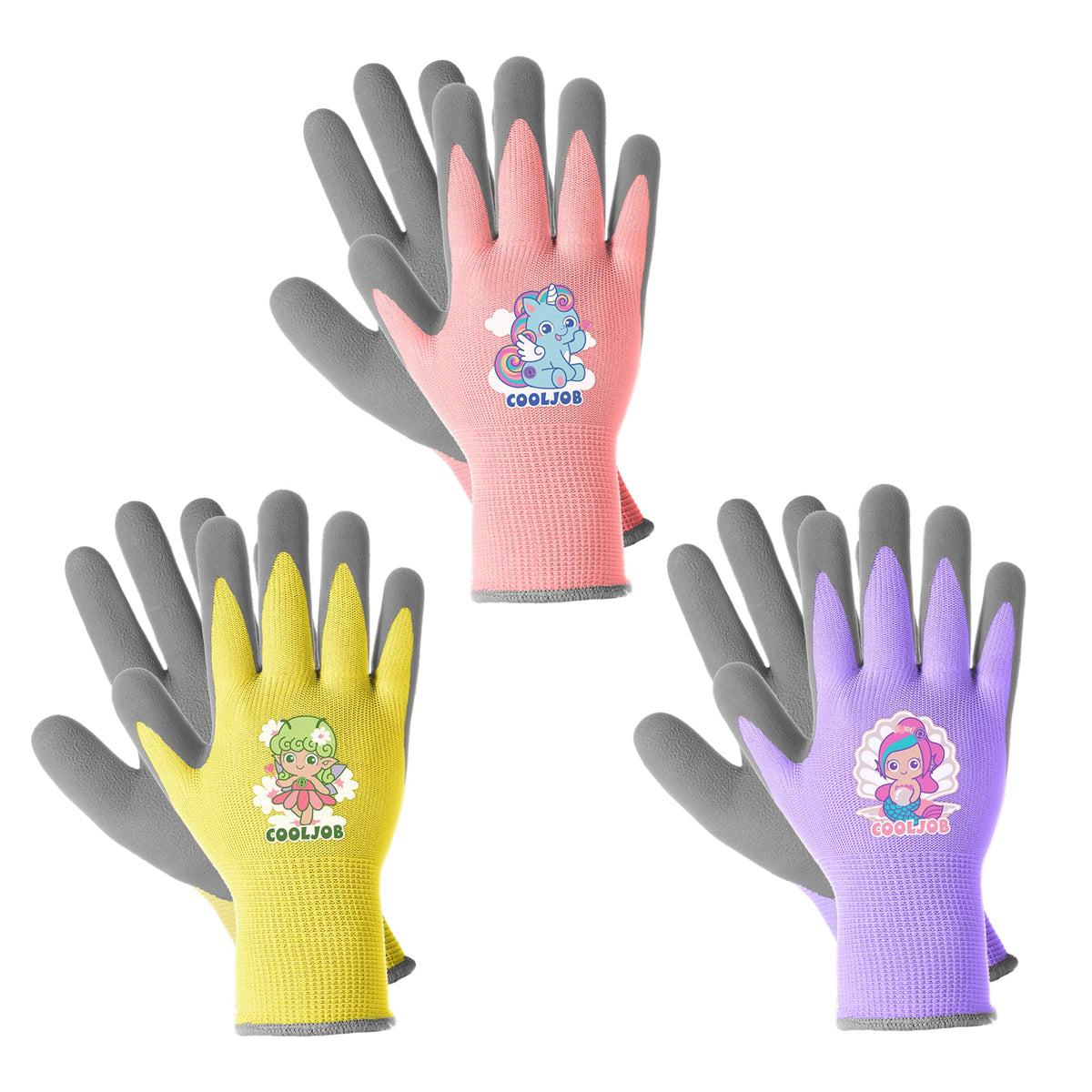COOLJOB 3 Pairs Kids Gardening Gloves for Age 6-8, Children Grippy Rubber Coated Garden Work Gloves, Orange & Green & Yellow, Medium Size (3 Pairs M)
