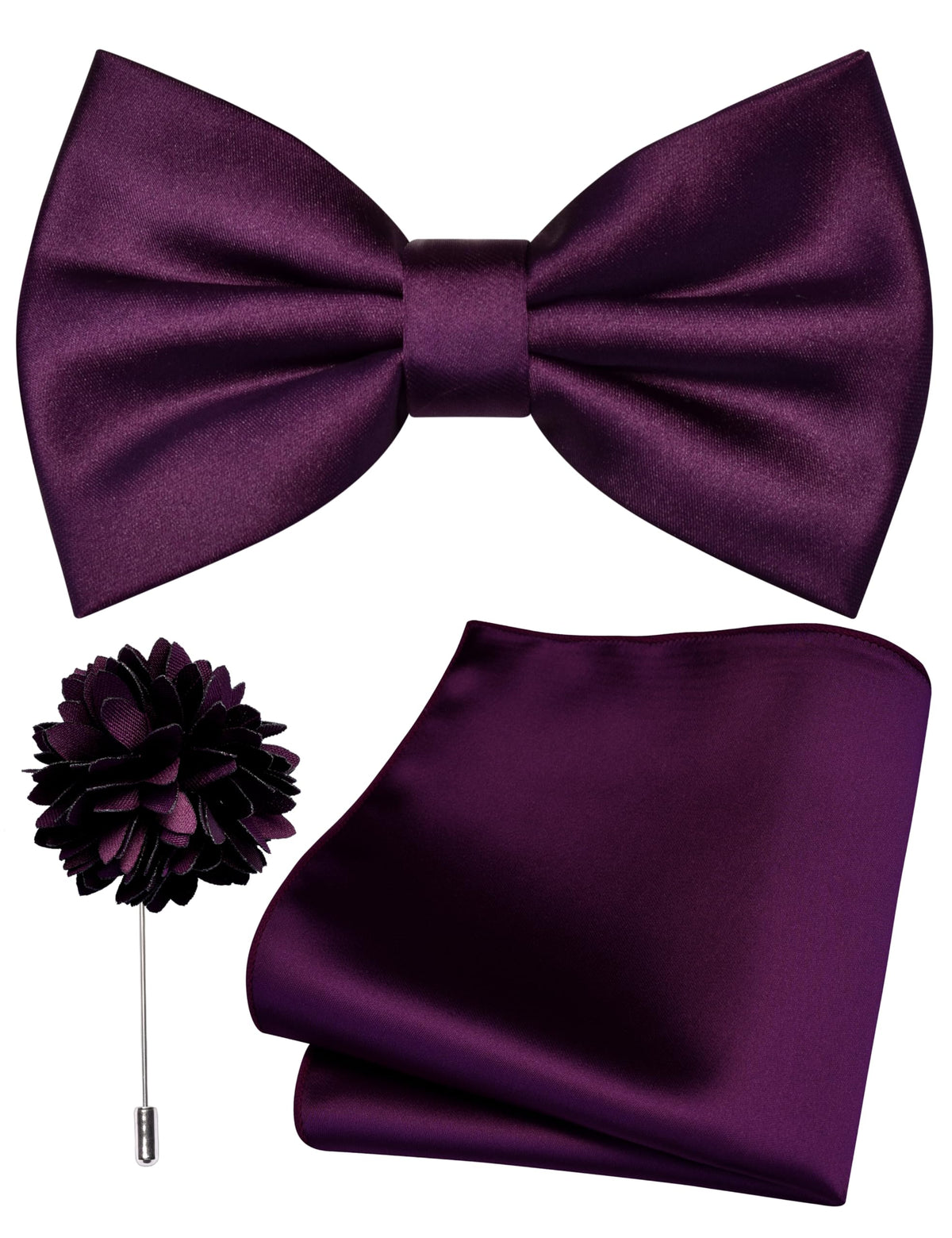 Branduce Solid Color Pre-tied Bow Tie and Pocket Square Lapel Pin Set for Men