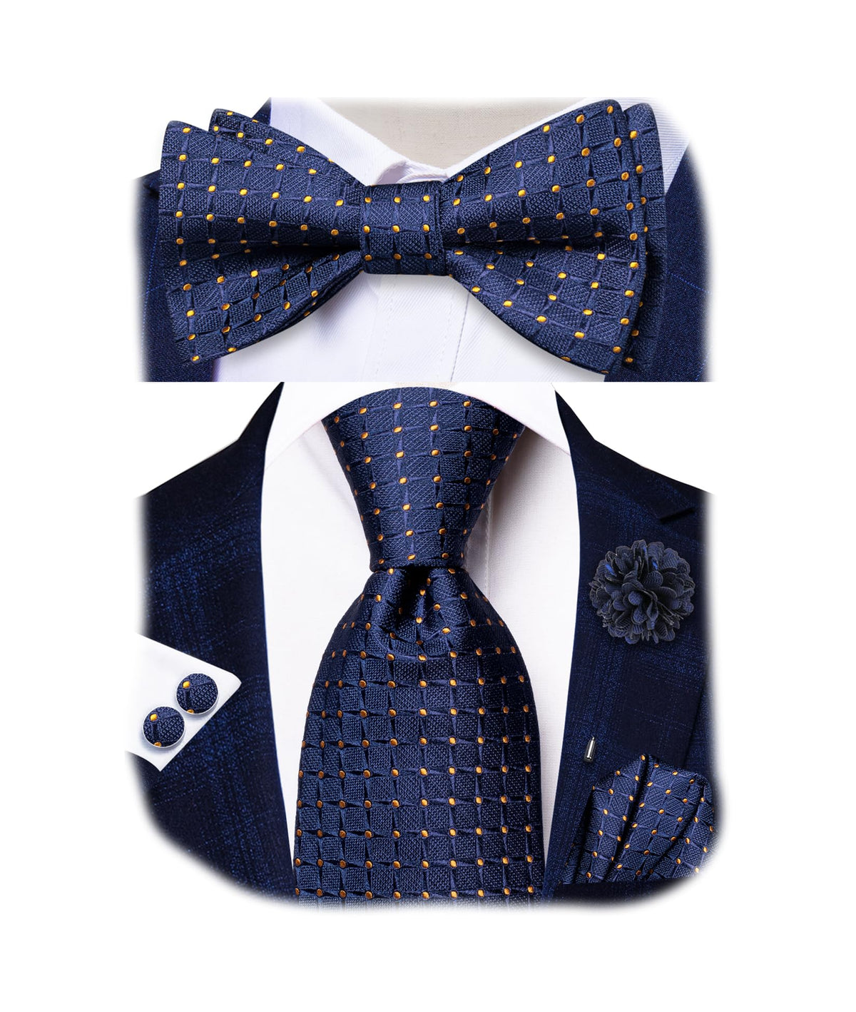 5Pcs Mens Solid Tie Satin Bowtie Lapel Pin Handkerchief Cufflink