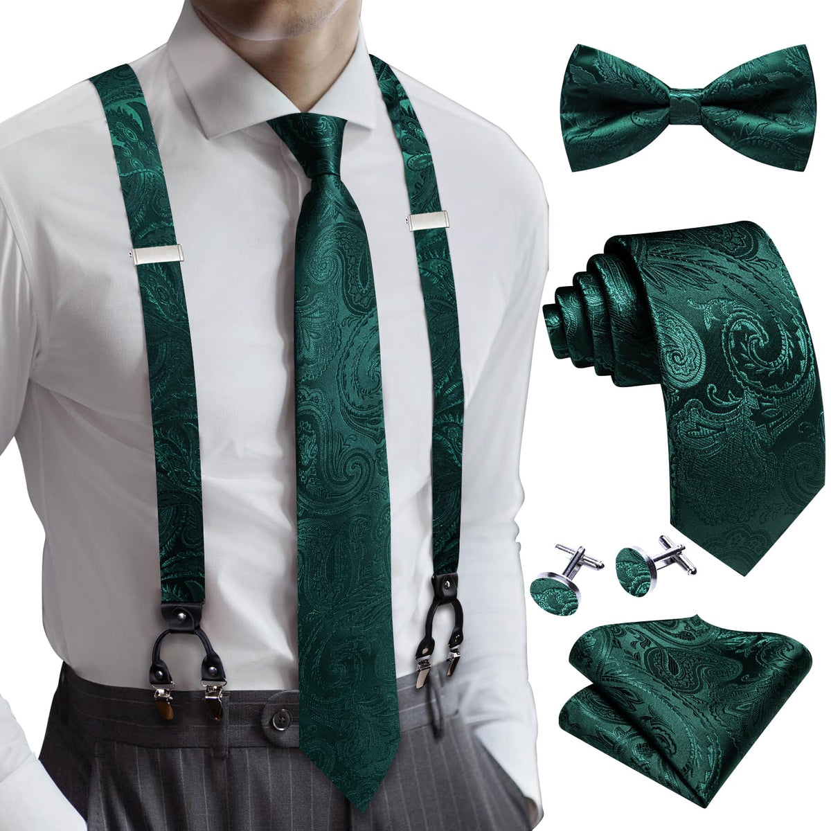 YOHOWA Suspenders for Men Tie Bowtie Set Adjustable Brace Handkerchief Cufflinks Strong Clip Elastic Band Wedding Party