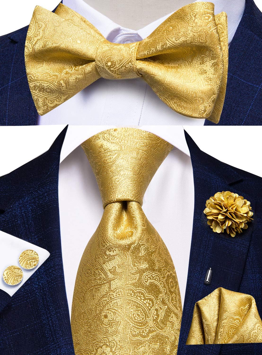 5Pcs Mens Solid Tie Satin Bowtie Lapel Pin Handkerchief Cufflink