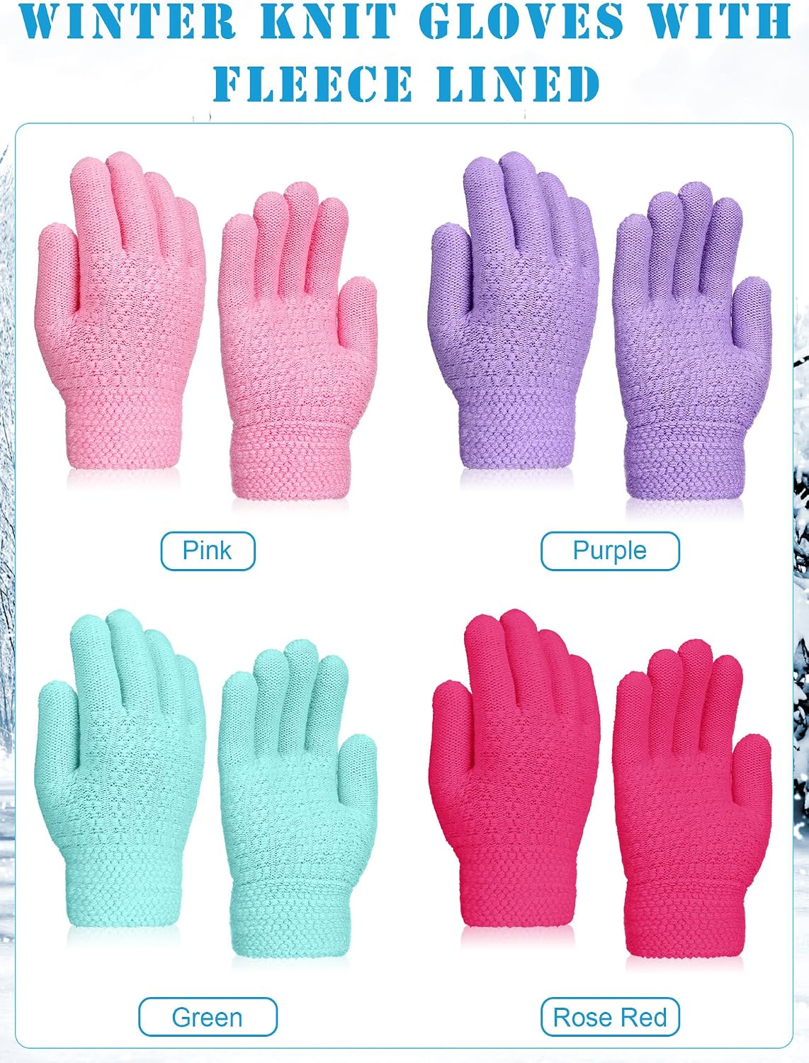 Chuarry 4 Pairs Kids Fleece Lined Gloves Winter Warm Knit Gloves for Girls Boys Cold Weather Supplies, 6-10 Years