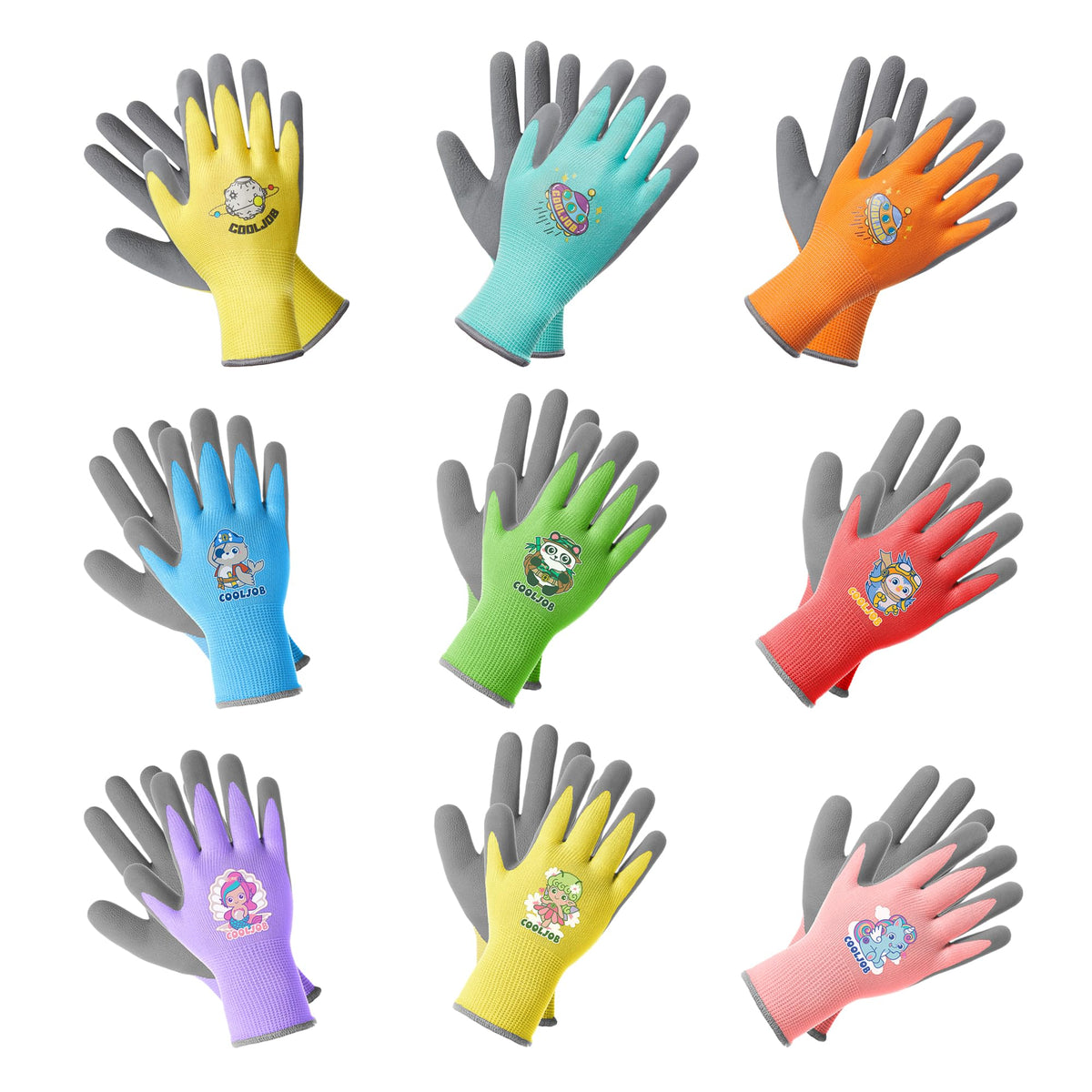COOLJOB 3 Pairs Kids Gardening Gloves for Age 6-8, Children Grippy Rubber Coated Garden Work Gloves, Orange & Green & Yellow, Medium Size (3 Pairs M)