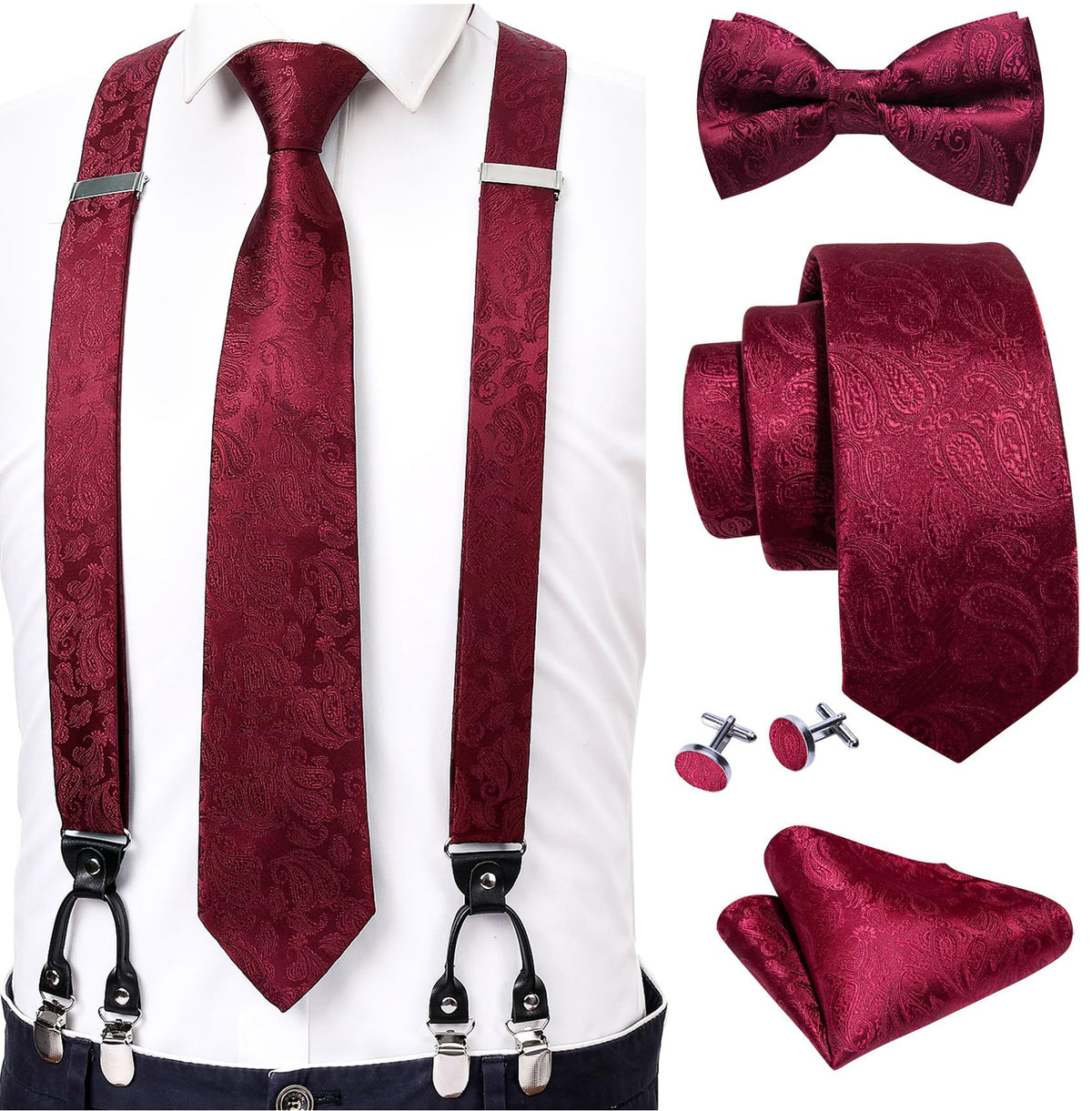YOHOWA Suspenders for Men Tie Bowtie Set Adjustable Brace Handkerchief Cufflinks Strong Clip Elastic Band Wedding Party