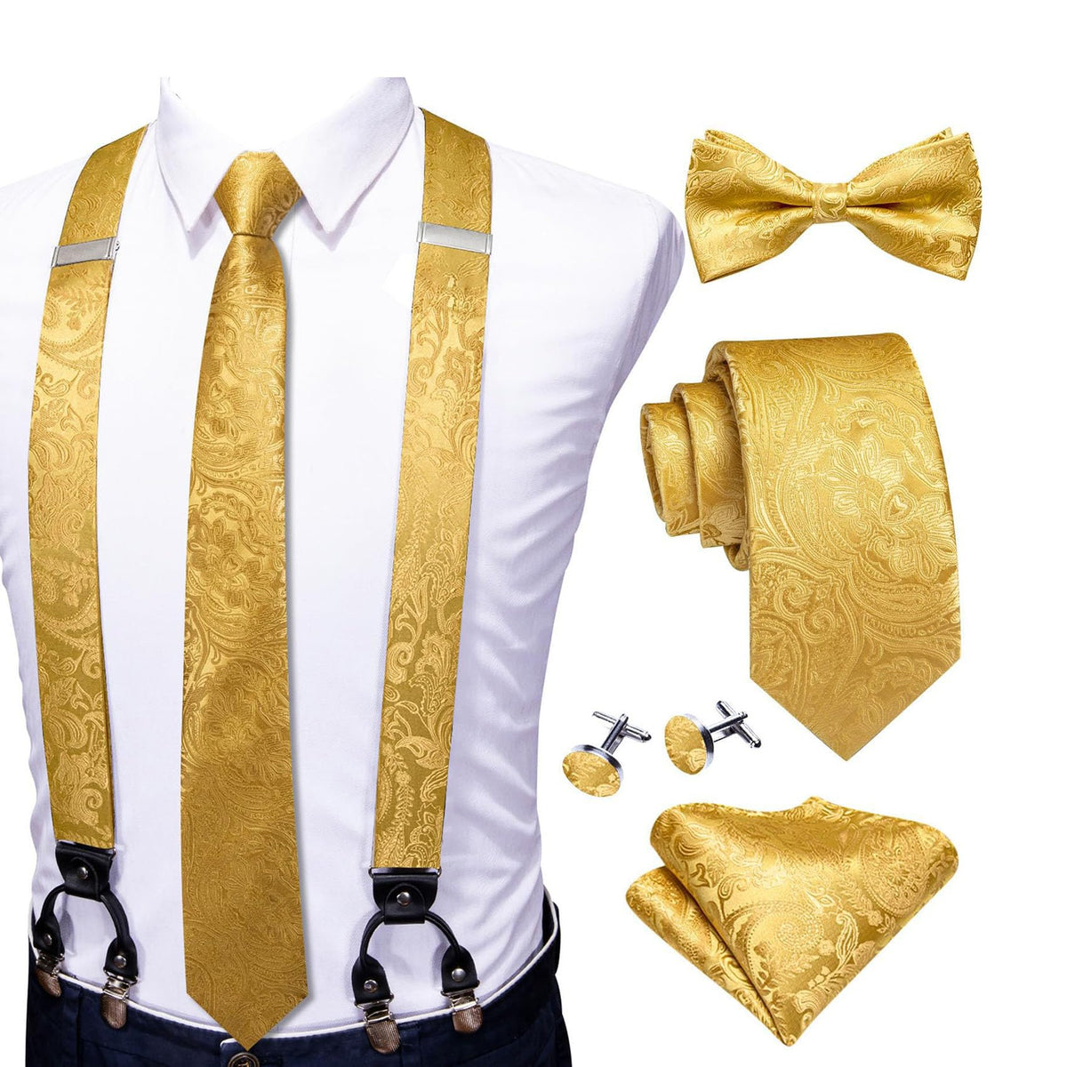 YOHOWA Suspenders for Men Tie Bowtie Set Adjustable Brace Handkerchief Cufflinks Strong Clip Elastic Band Wedding Party