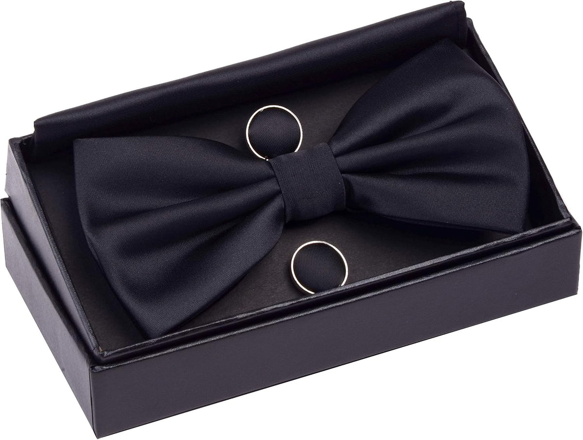 GUSLESON Mens Solid Color Double Fold Pre-tied Bow Tie and Pocket Square Cufflink Set with Gift Box