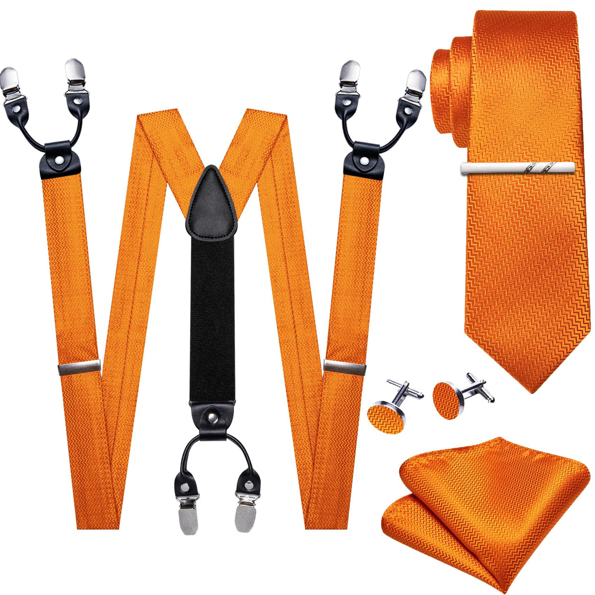 Barry.Wang Men Suspender Tie Sets Elastic Heavy 6 Clips Hanky Cufflink 5PCS