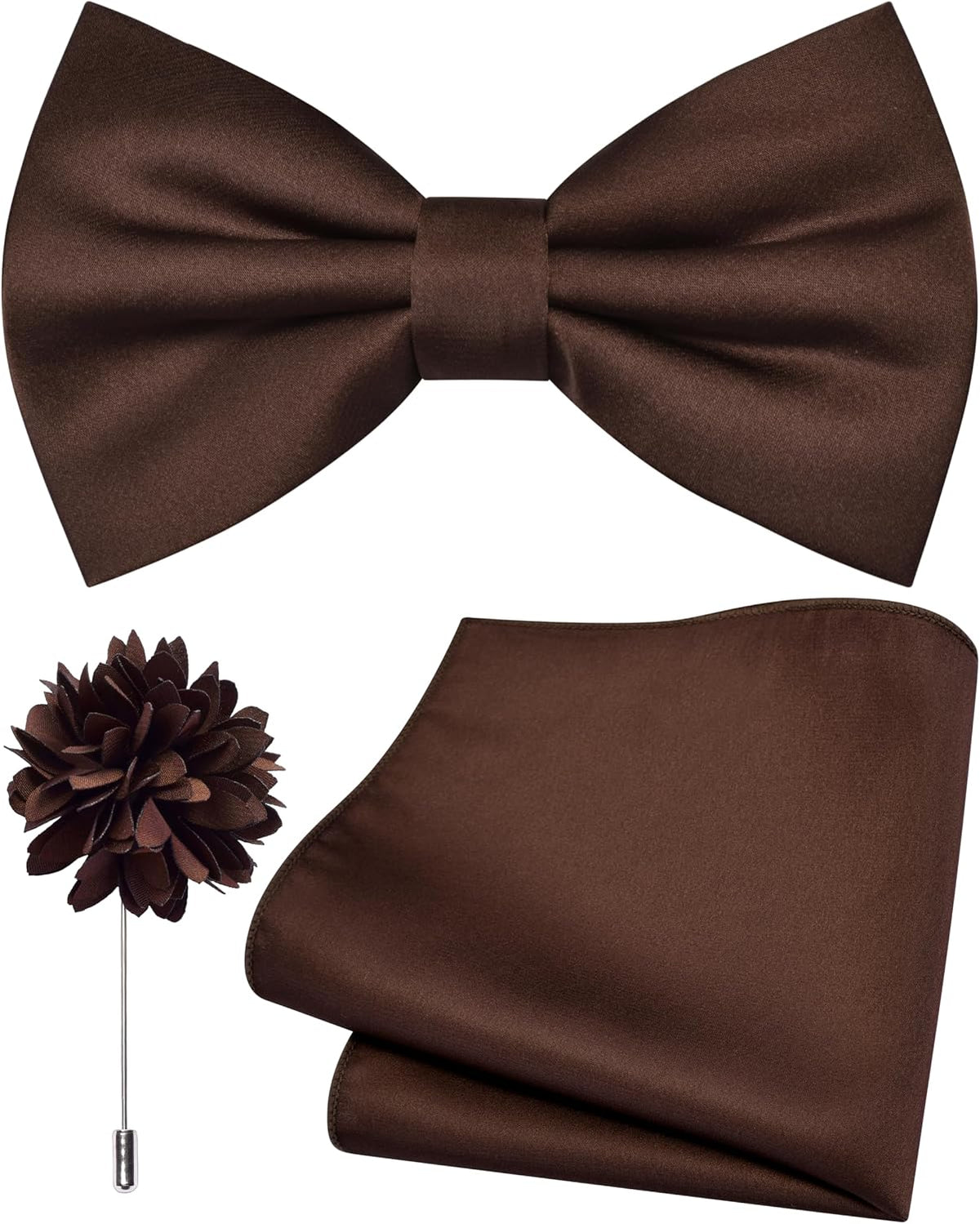 Branduce Solid Color Pre-tied Bow Tie and Pocket Square Lapel Pin Set for Men