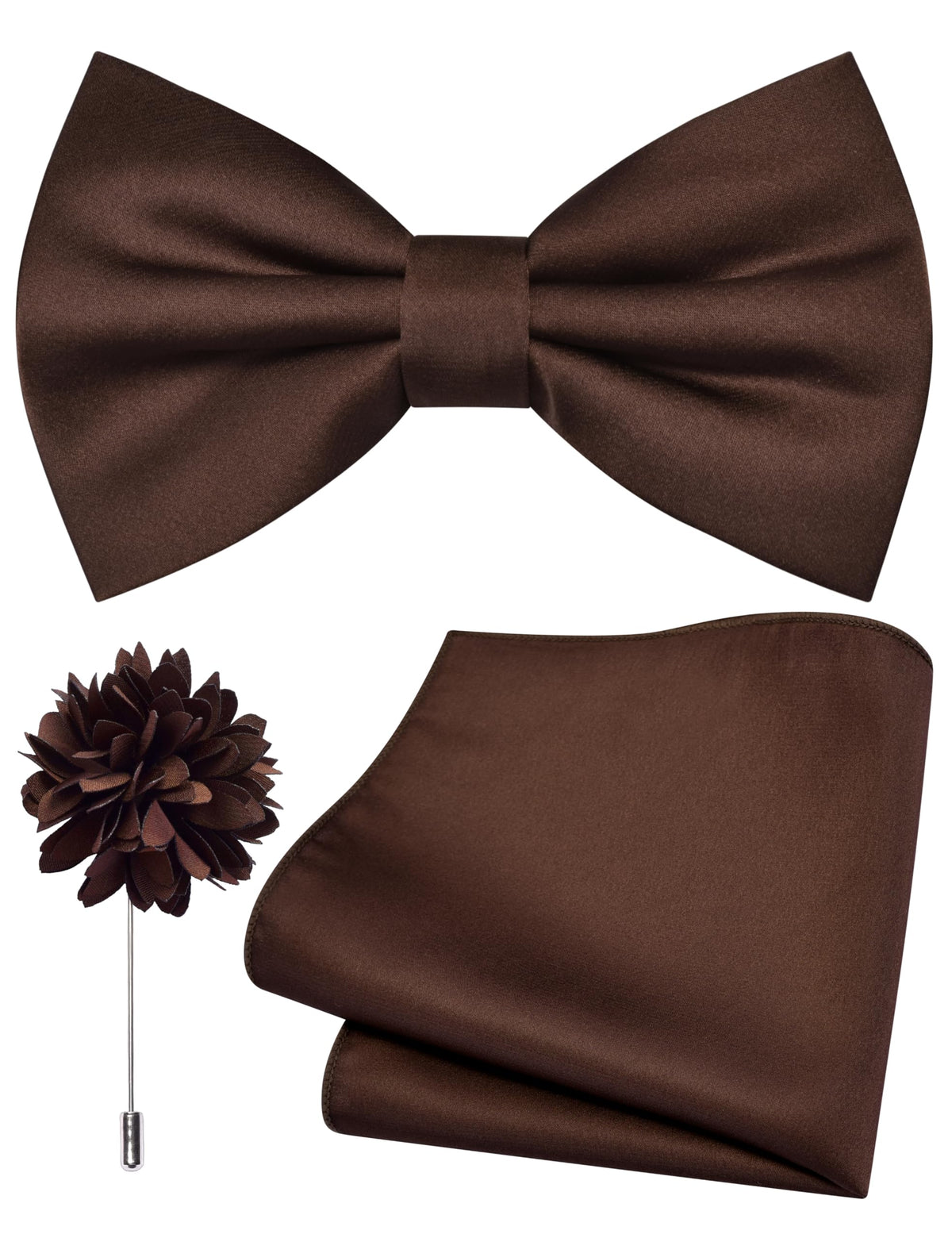 Branduce Solid Color Pre-tied Bow Tie and Pocket Square Lapel Pin Set for Men