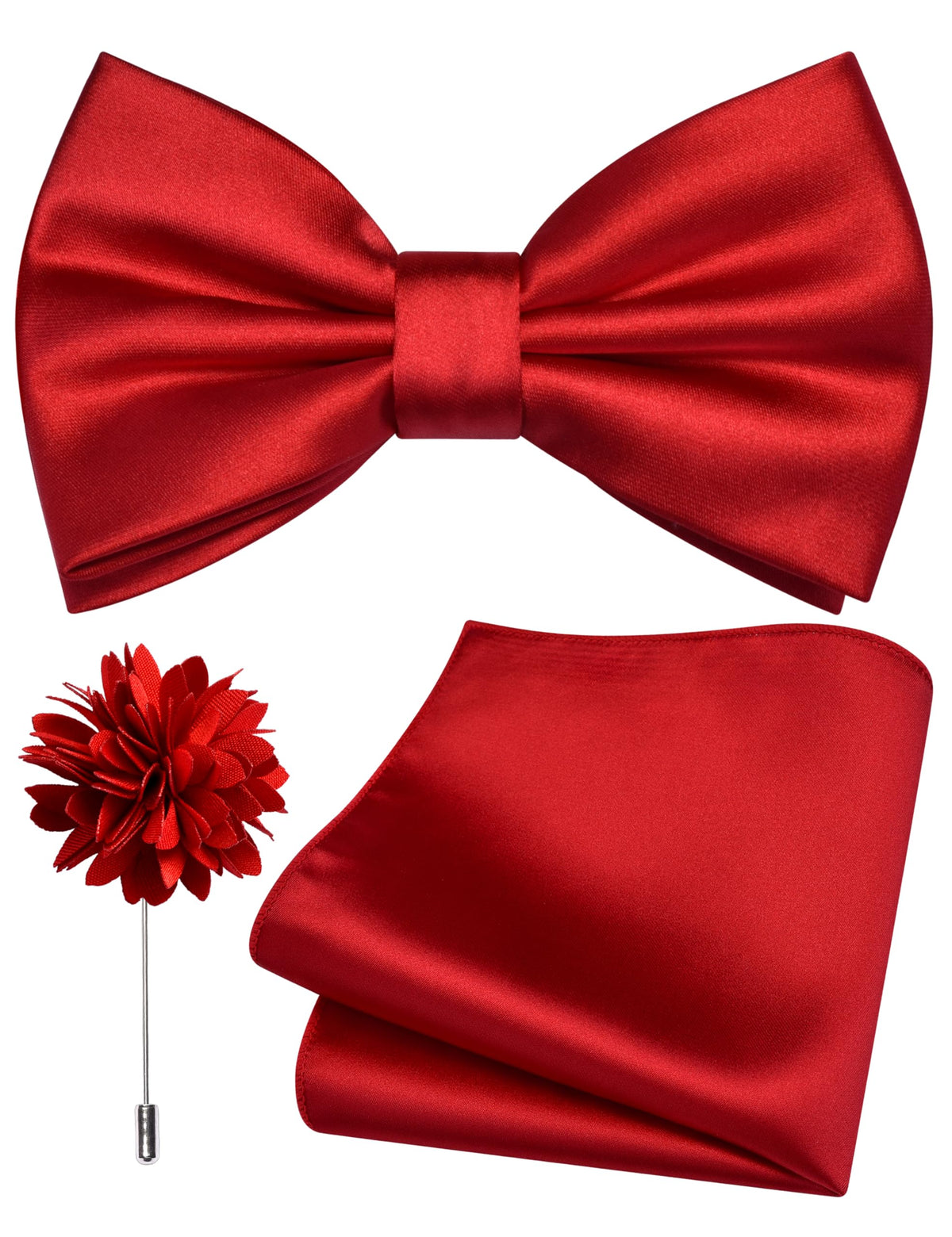Branduce Solid Color Pre-tied Bow Tie and Pocket Square Lapel Pin Set for Men