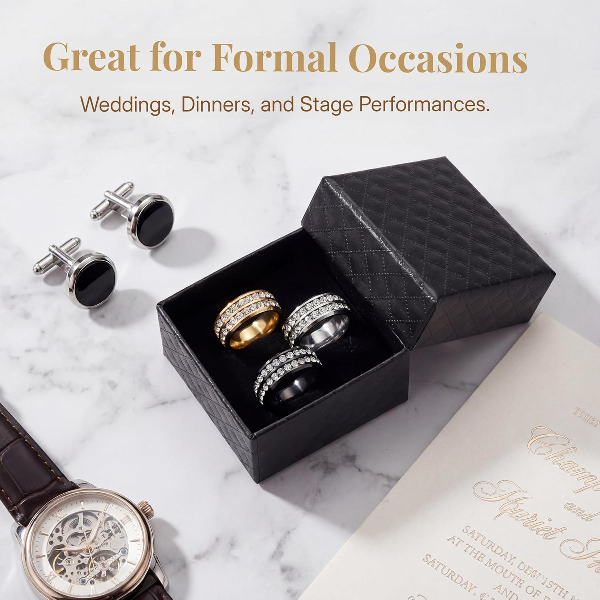 3Pcs Tie Ring for Men Bowtie Necktie Accessories Stylish Clasp Rings Diamond Style for Ties Clasps Formal Mens Jewelry for Wedding Business Wear Elegant Accent with Box (Gold Silver Black)