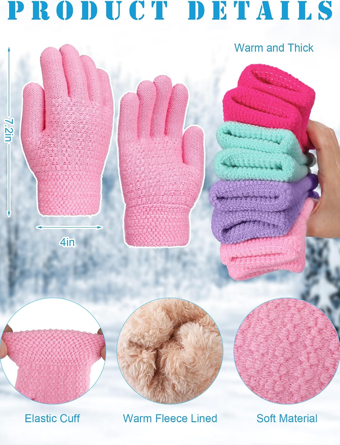 Chuarry 4 Pairs Kids Fleece Lined Gloves Winter Warm Knit Gloves for Girls Boys Cold Weather Supplies, 6-10 Years