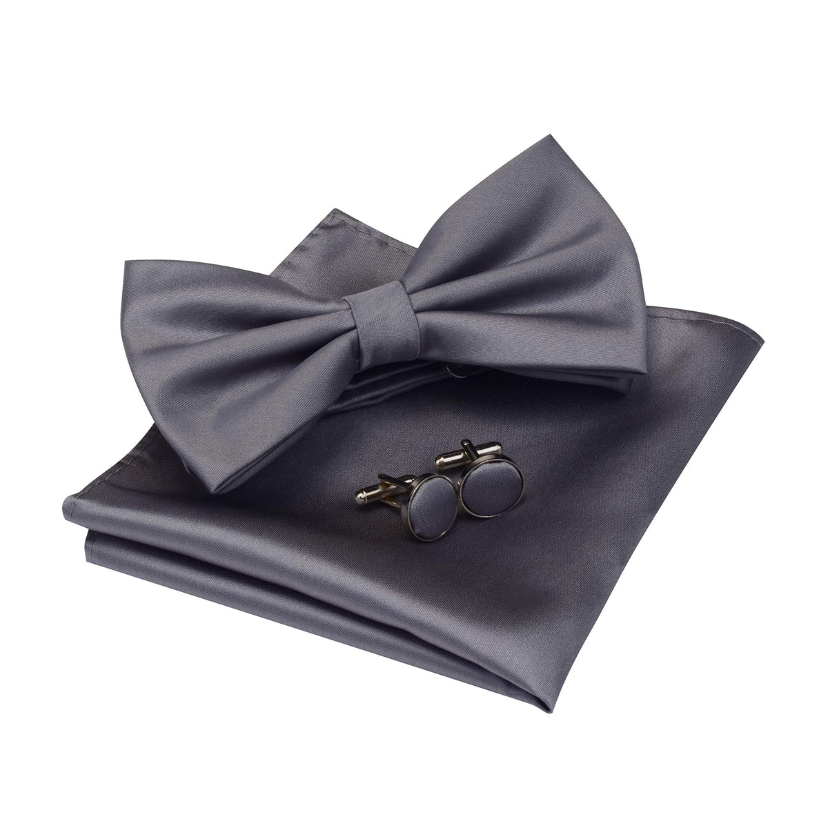 GUSLESON Mens Solid Color Double Fold Pre-tied Bow Tie and Pocket Square Cufflink Set with Gift Box