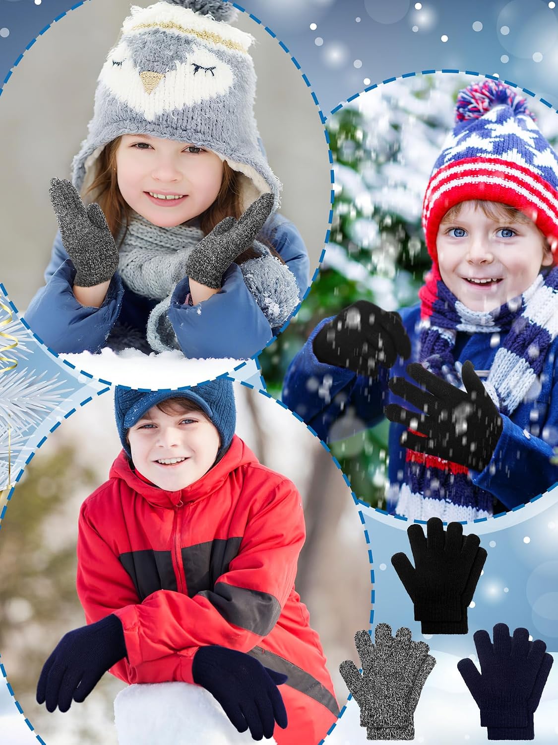 EBOOT 3 Pairs Winter Kids Gloves Warm