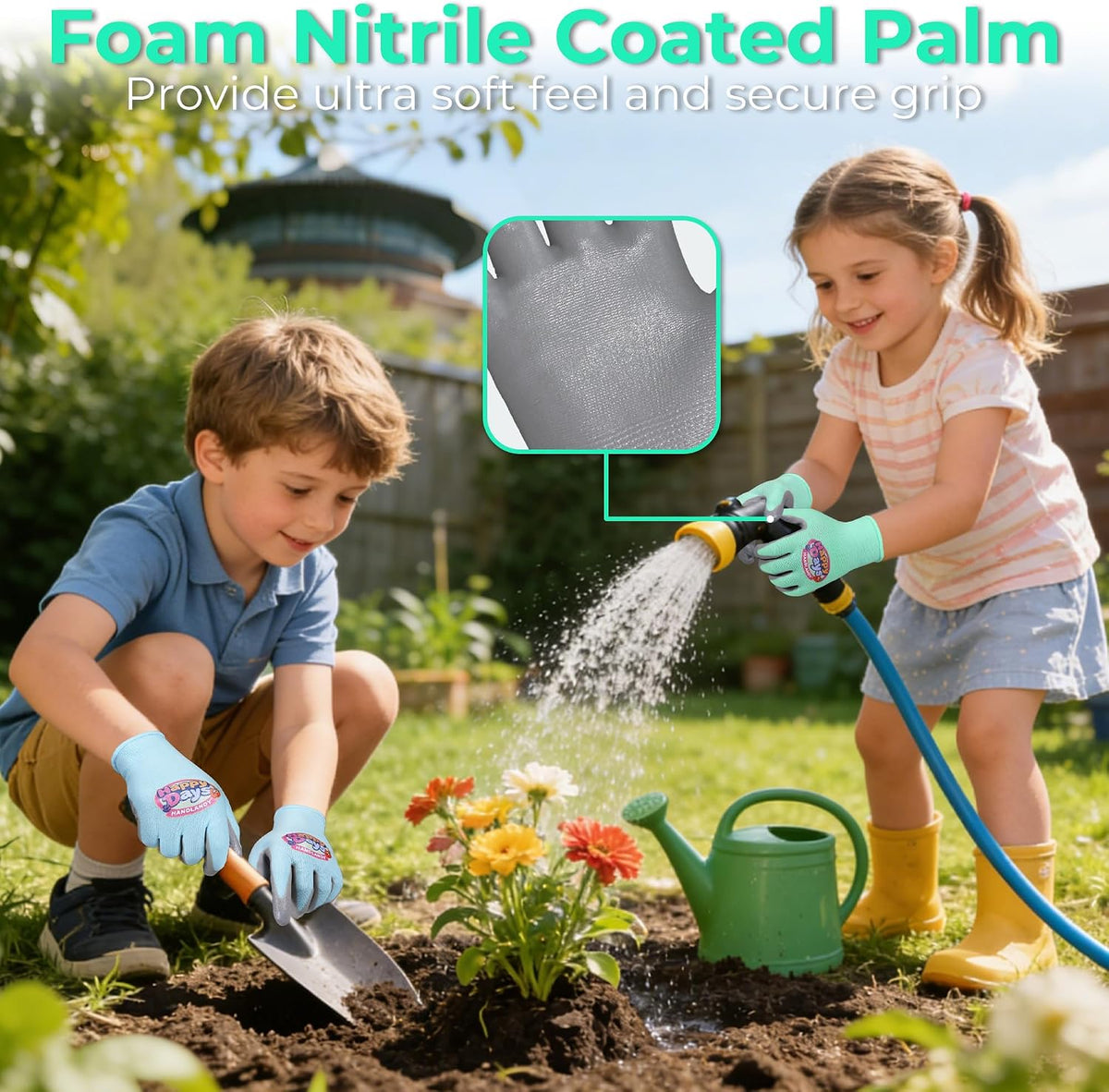 HANDLANDY 2 Pairs Kids Gardening Gloves, Grippy Kids Work Gloves, M