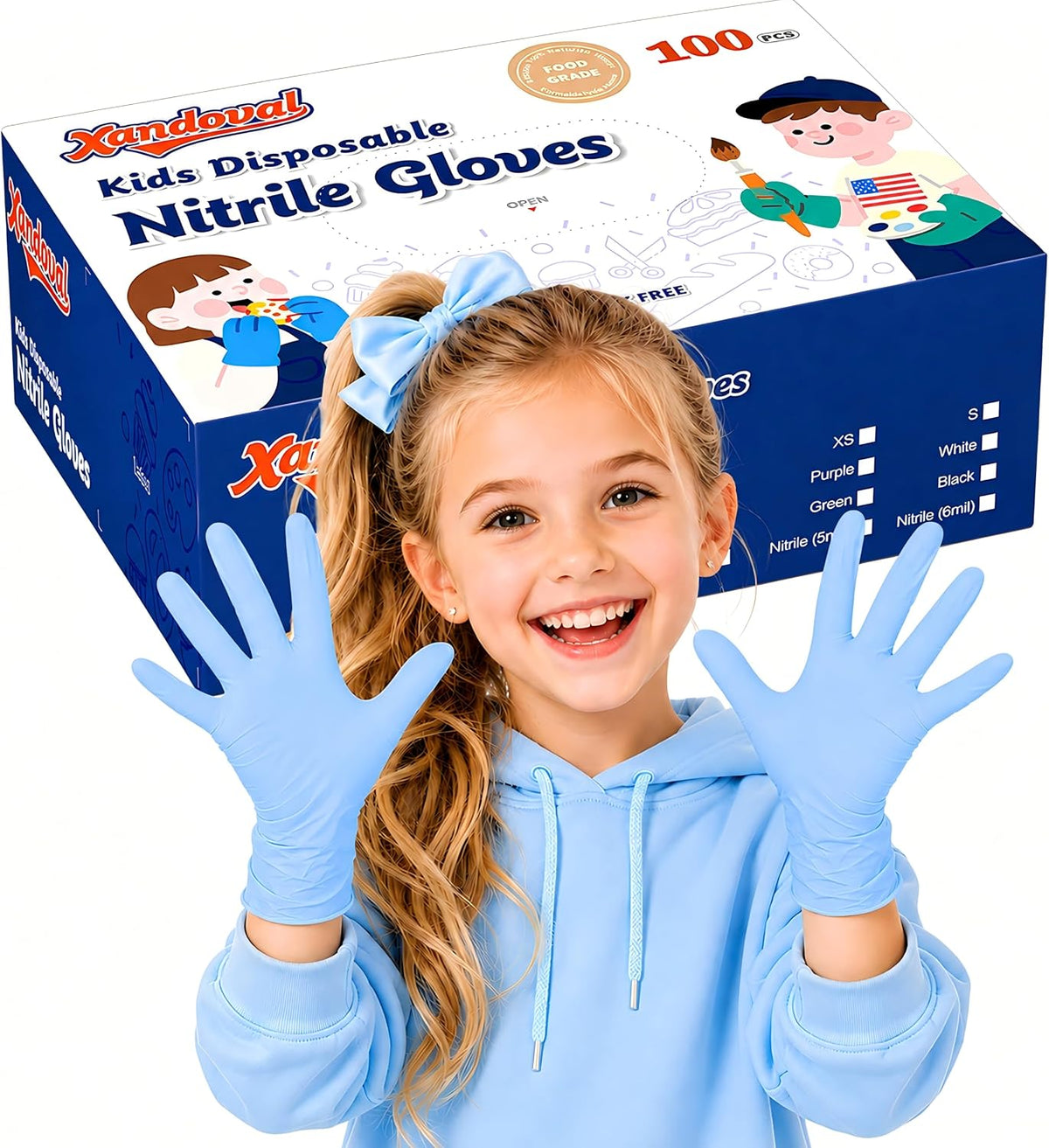 Kids Disposable Gloves, 5-Mil Safe Blue Nitrile, XS, 100Ct