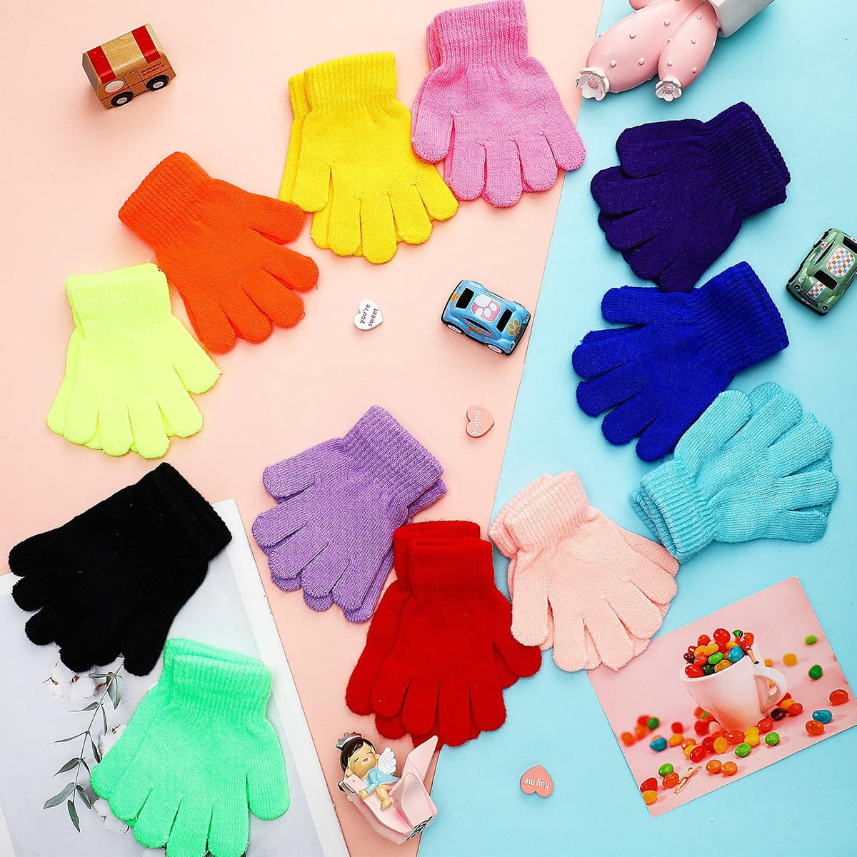 Neer 24 Pairs Kid's Winter Gloves Colorful Knit Gloves Bulk