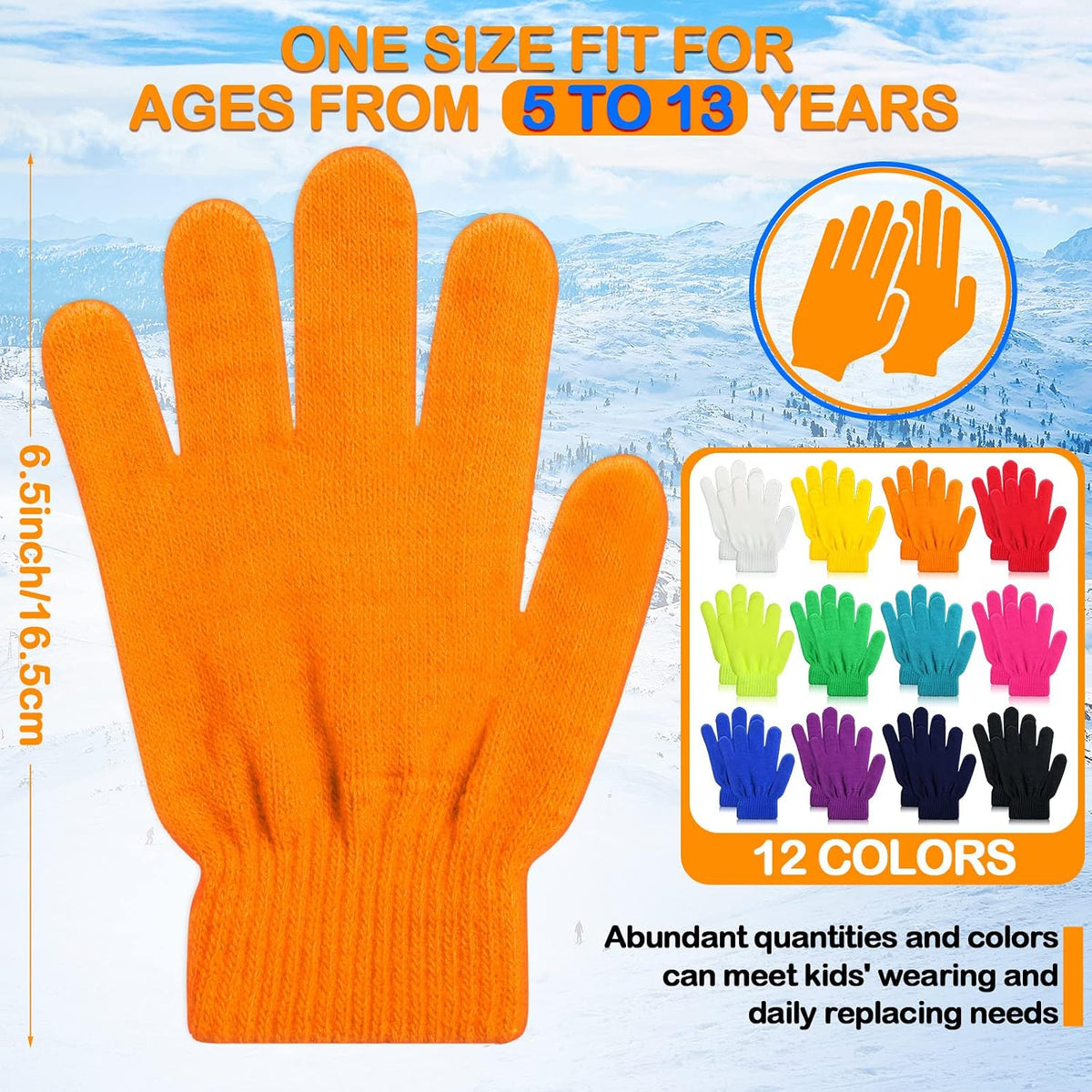Kenning 72 Pairs Kids Winter Gloves Bulk Knitted Colorful Warm Stretchy Mittens for Boys Girls Operation Christmas(Bright Color)