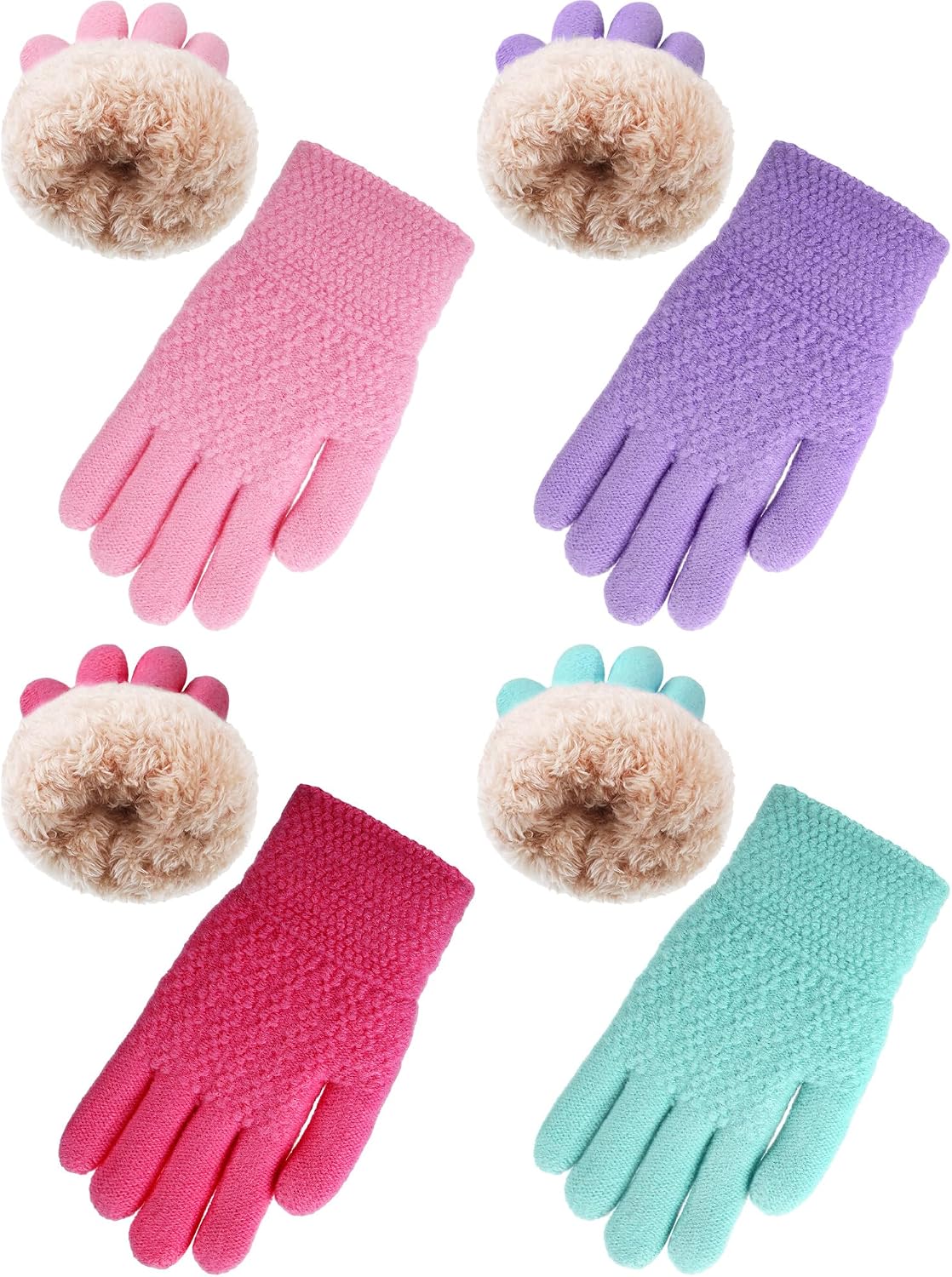 Chuarry 4 Pairs Kids Fleece Lined Gloves Winter Warm Knit Gloves for Girls Boys Cold Weather Supplies, 6-10 Years