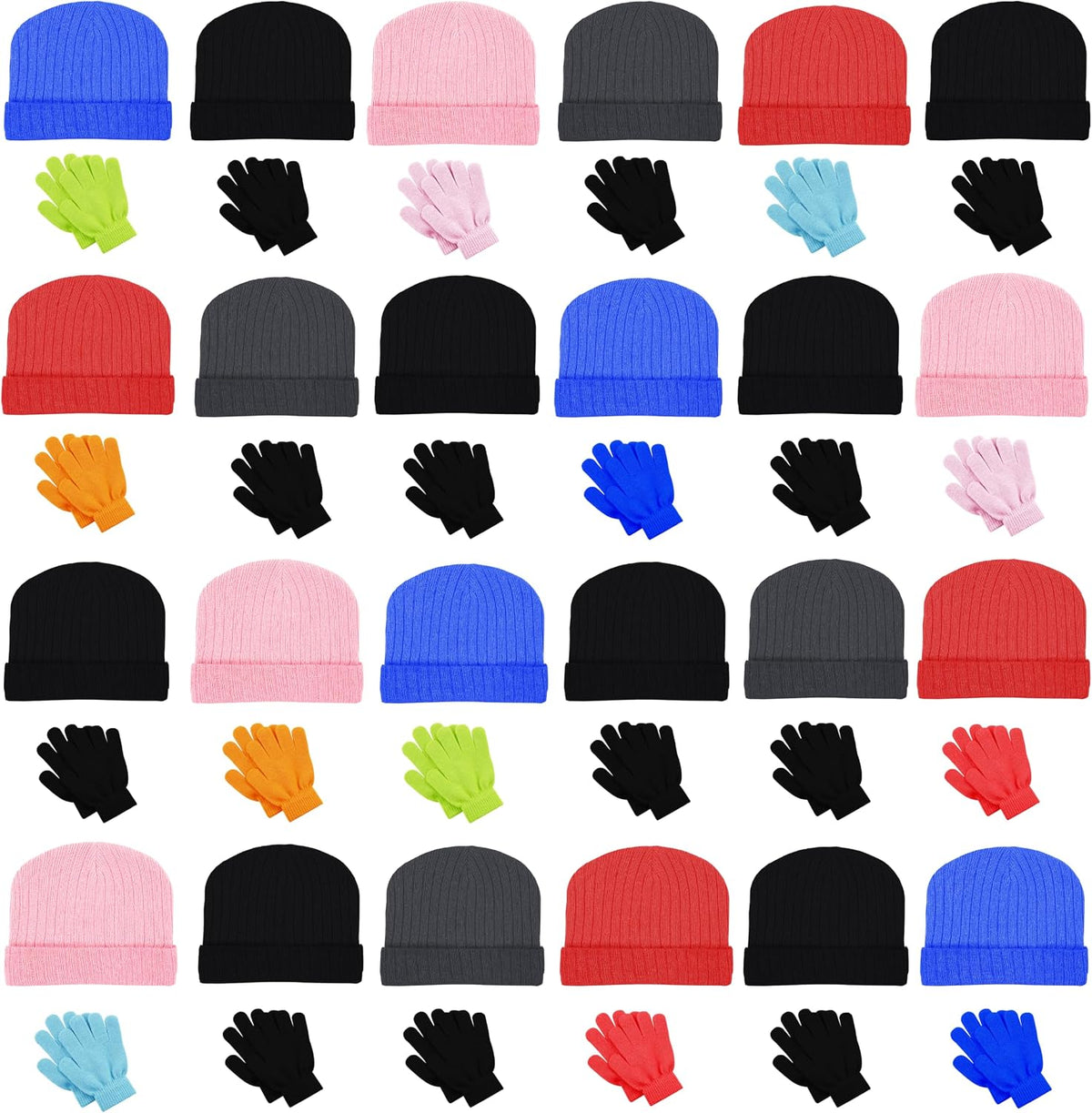 Winterlace 48 Pack Kids Beanies & Gloves, Boys Girls Unisex Thermal Stretchy Children Toboggan Knit Cap