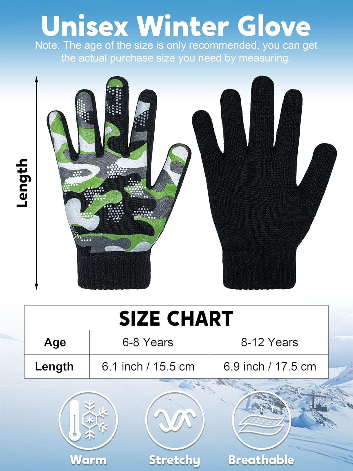 4 Pairs Kids Winter Gloves Gripper Magic Glove for Boys Girls 6-12 Years
