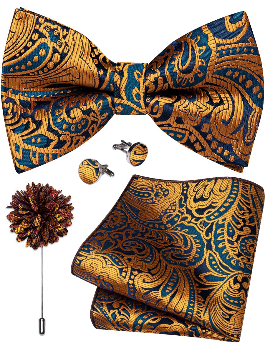 YourTies Silk Bow Ties for Men Pre-Tied Adjustable Paisley Bowtie Set
