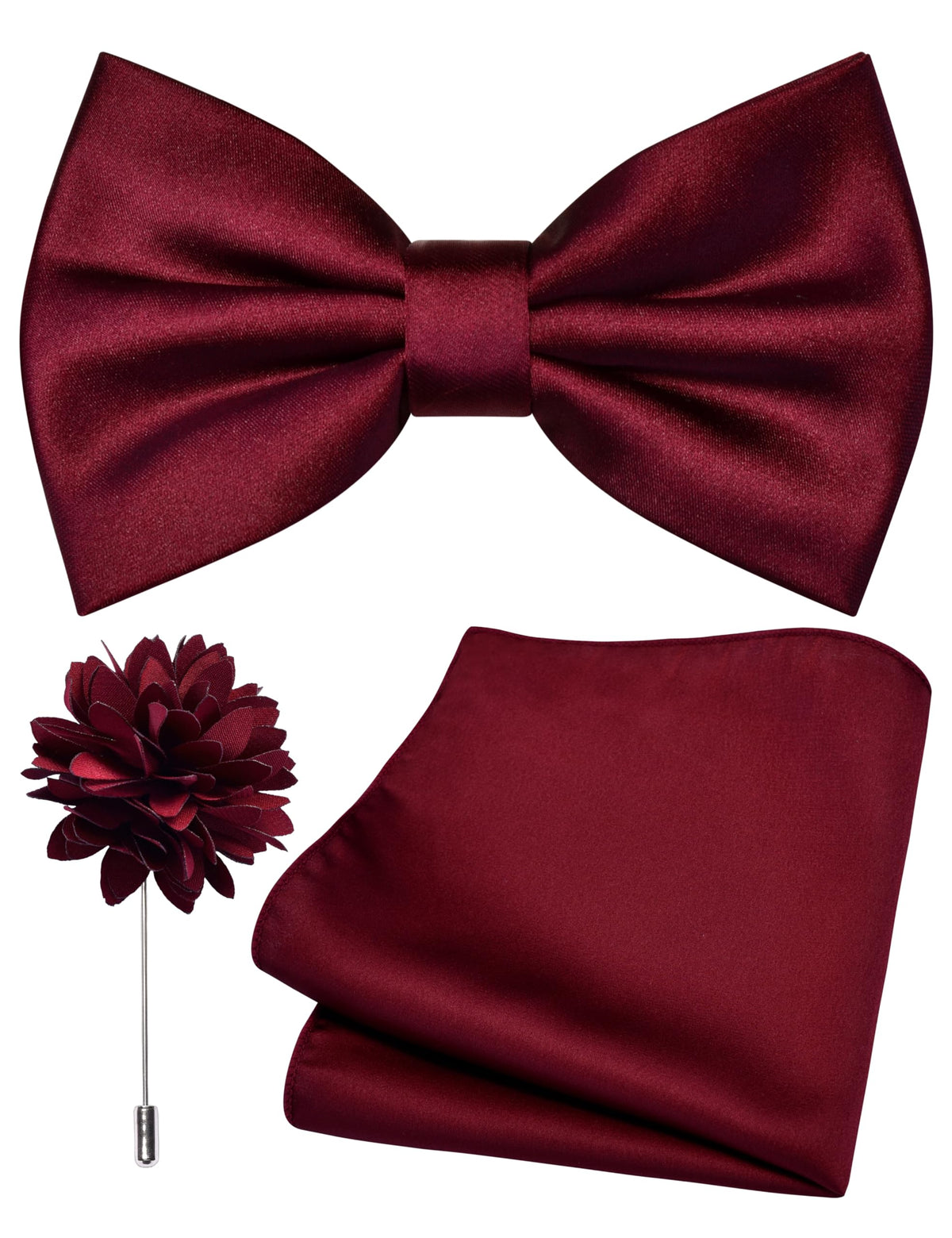 Branduce Solid Color Pre-tied Bow Tie and Pocket Square Lapel Pin Set for Men