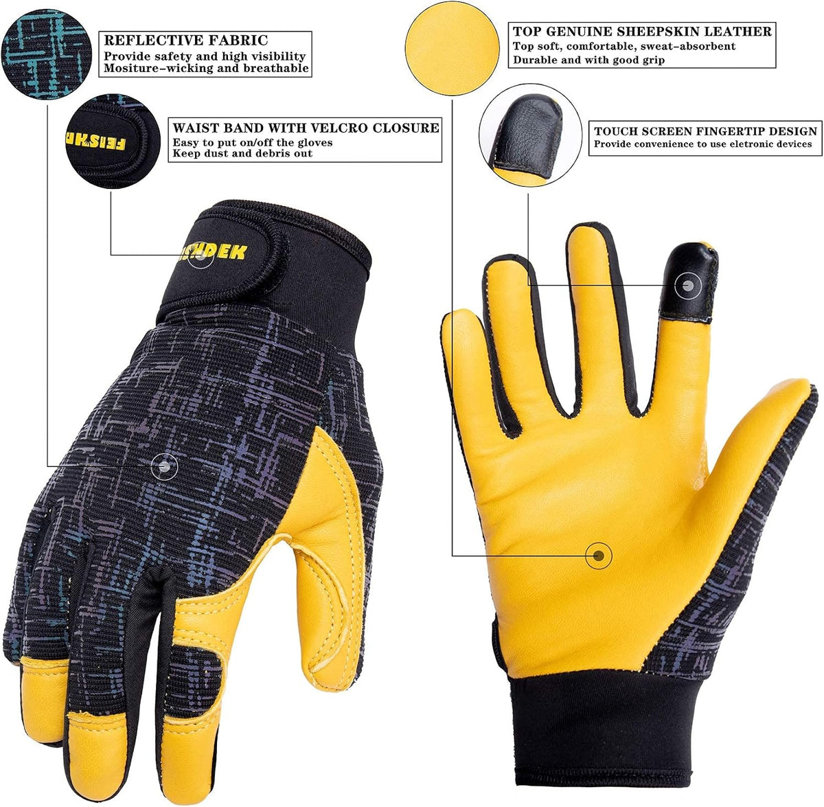 Kids Genuine Leather Work Gloves Age 2-12, Touchscreen, Reflective