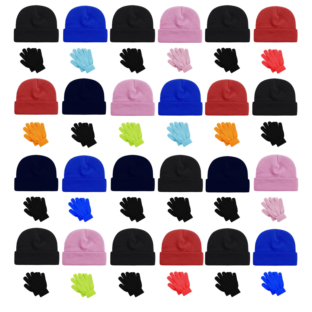 Winterlace 48 Pack Kids Beanies & Gloves, Boys Girls Unisex Thermal Stretchy Children Toboggan Knit Cap