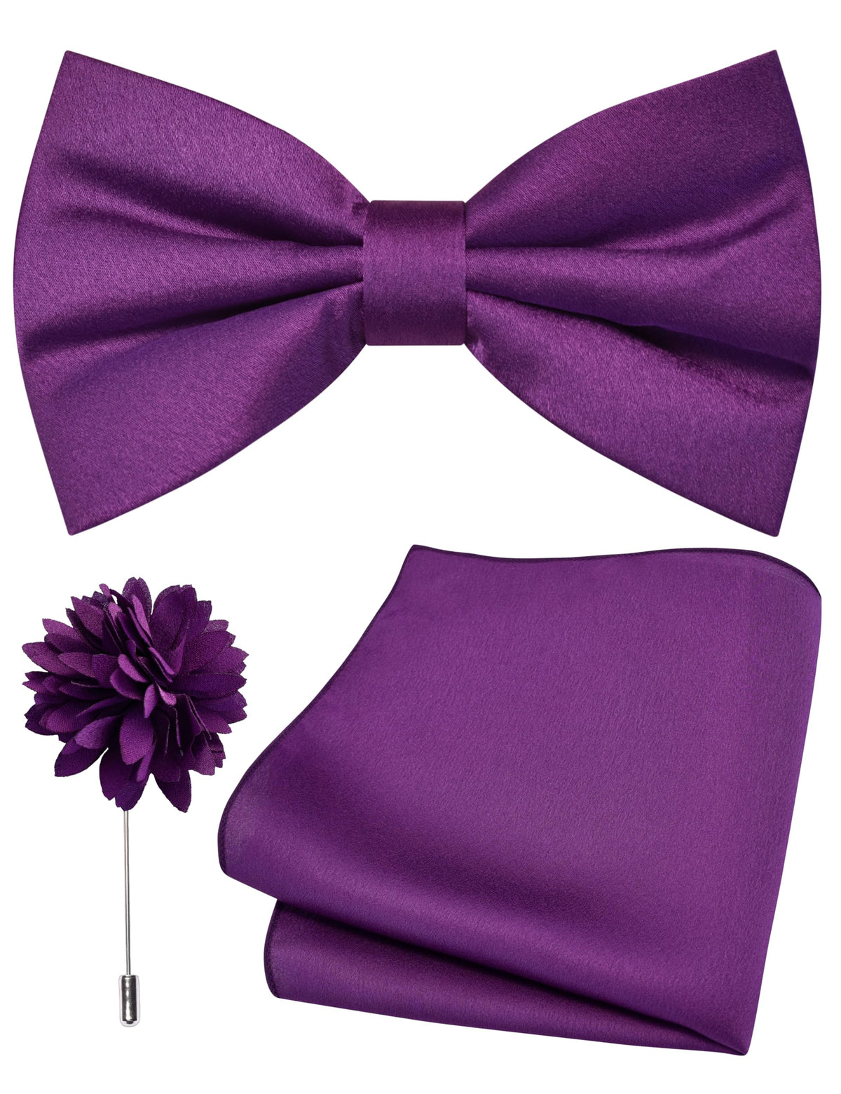 Branduce Solid Color Pre-tied Bow Tie and Pocket Square Lapel Pin Set for Men