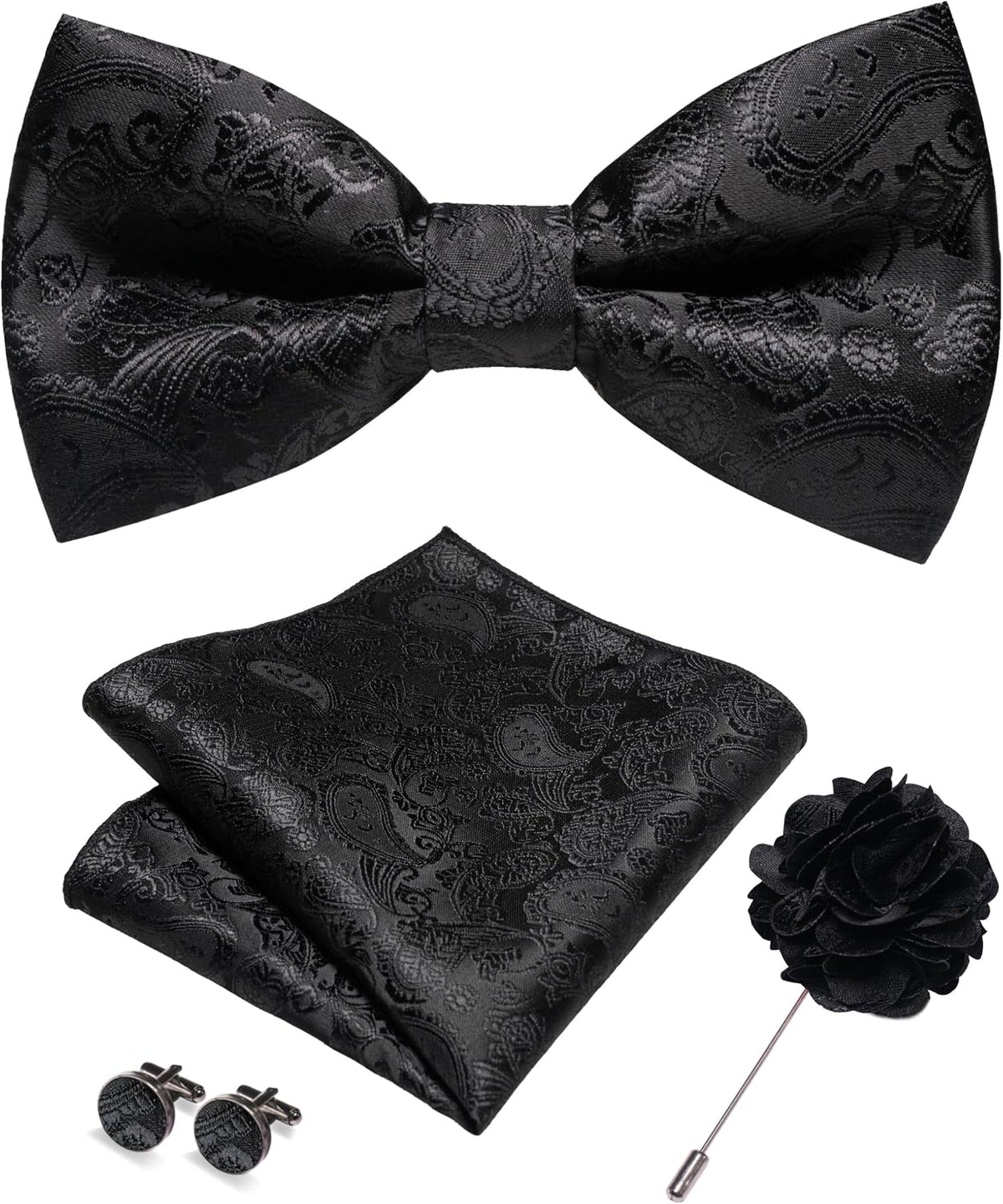 JEMYGINS Paisley Pre-tied Bow Tie and Pocket Square Cufflinks Lapel Pin Sets for Men 4PCS