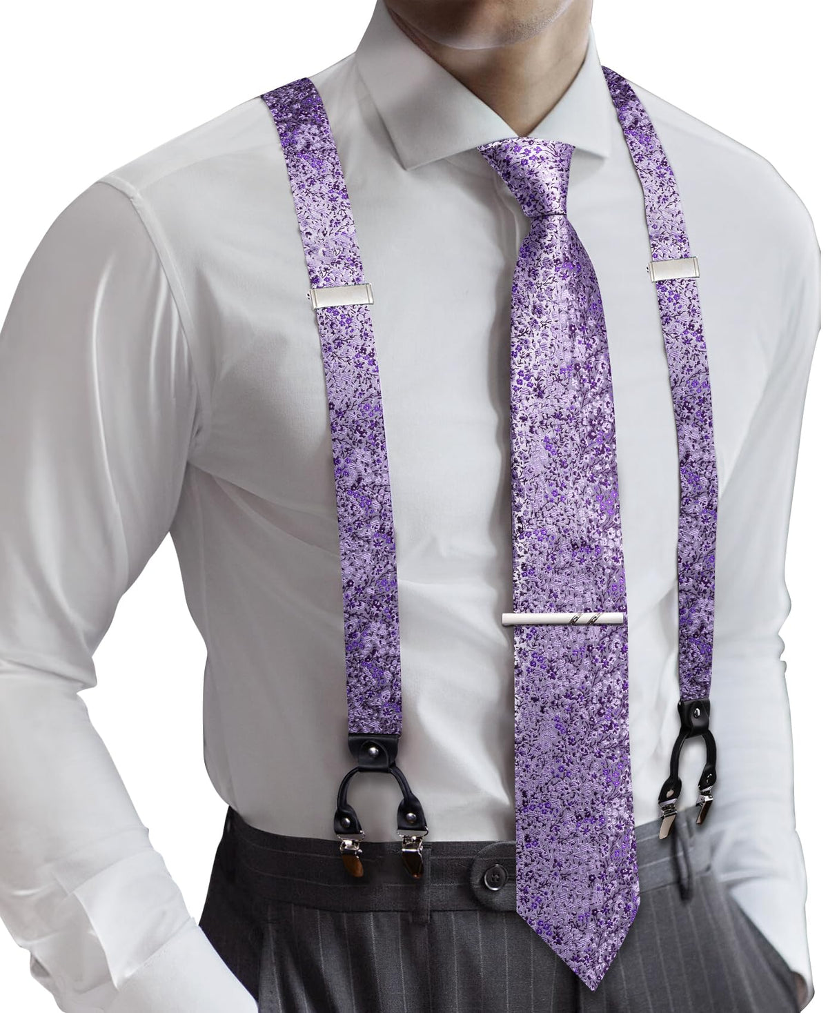 Barry.Wang Men Suspender Tie Sets Elastic Heavy 6 Clips Hanky Cufflink 5PCS