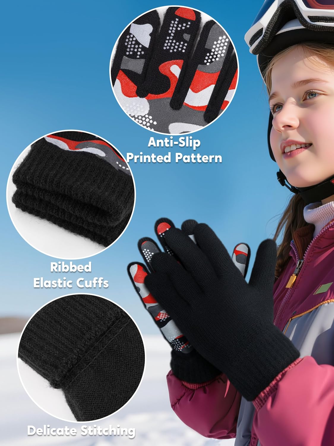 4 Pairs Kids Winter Gloves Gripper Magic Glove for Boys Girls 6-12 Years