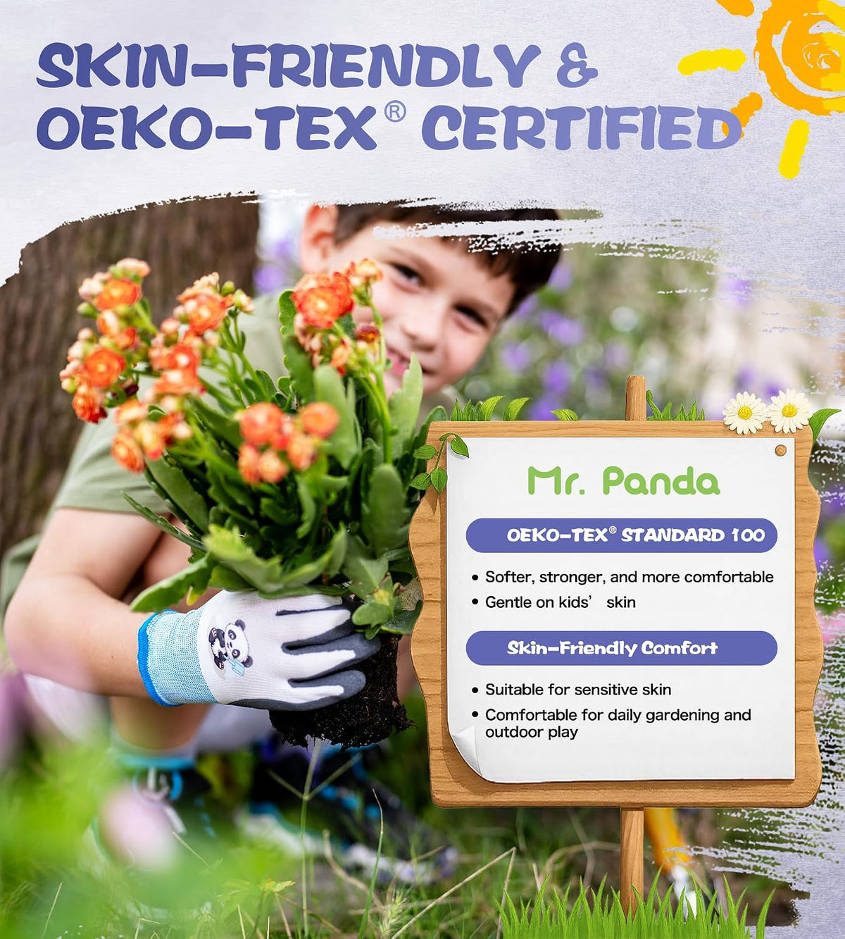 Mr. Panda 3 Pairs Skin-Friendly Kids Gardening Gloves for Age 2-4, Rubber Coated Children's Garden Gloves, Toddler Work Gloves, XXXS