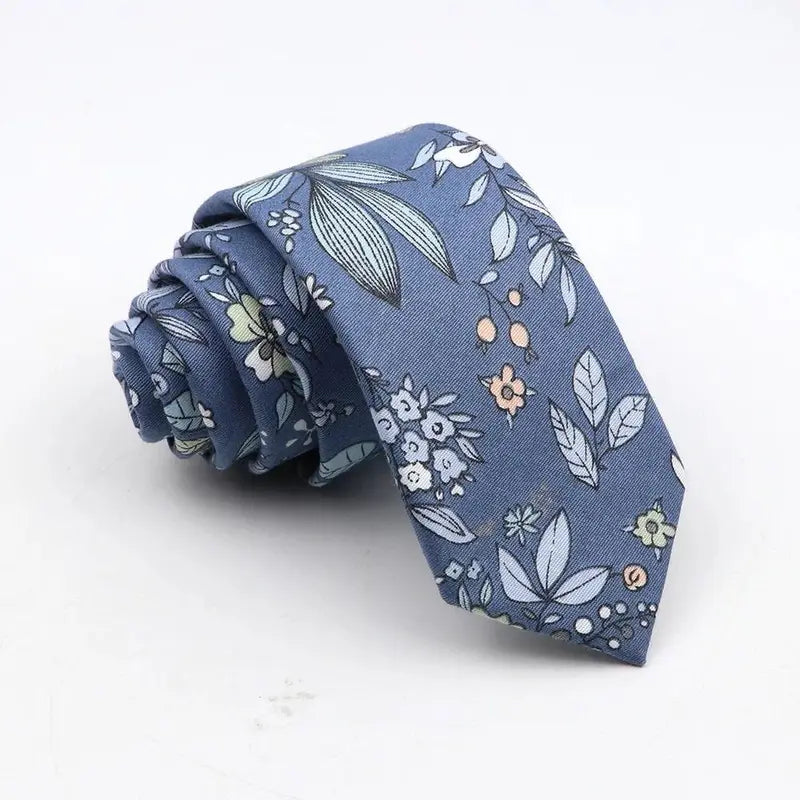 Men's Skinny Floral Cotton Necktie - Classic Print Adult Male Clothing Accessory for Weddings, Casual Suit Outfits